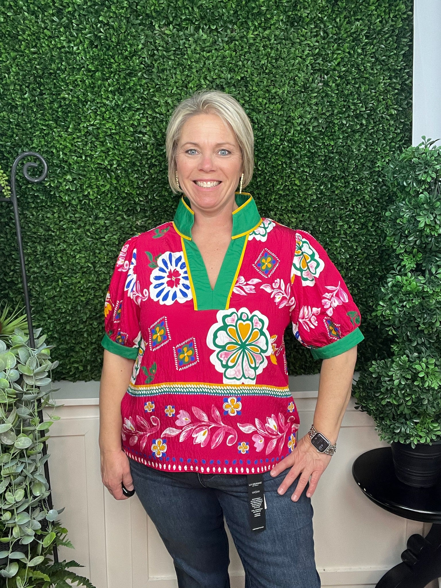 STANDING NECKLINE BOHO FLORAL TOP - FUCHSIA