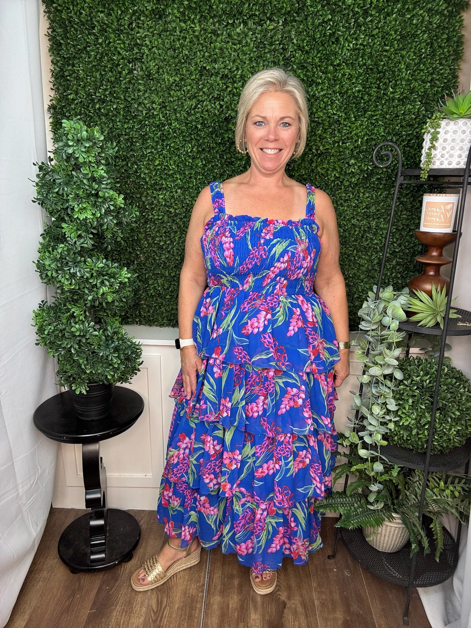 Tropical Bloom Smocked Tiered Midi Dress