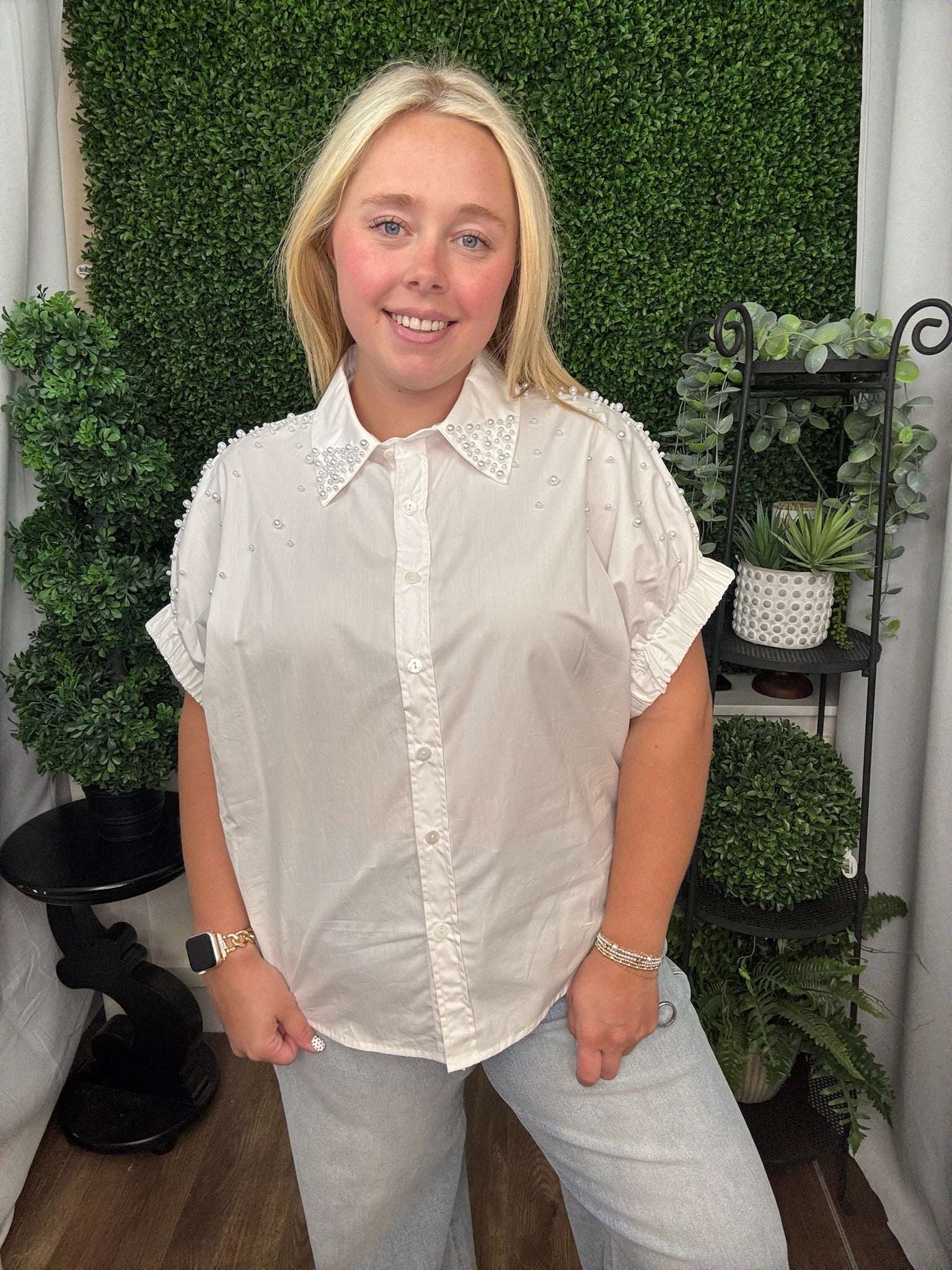 Pearl Studded Cap Sleeve Button-Up Top