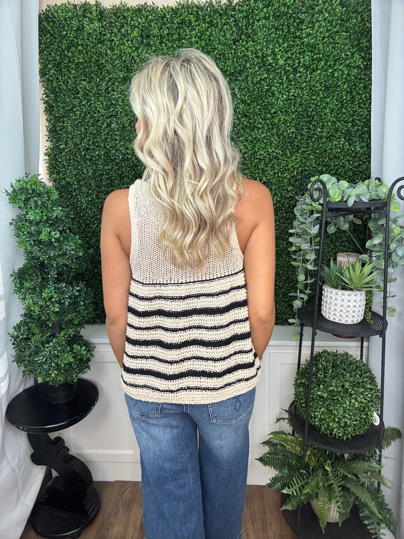 Relaxed Fit Striped Crochet Knit Tank - Oatmeal/Black