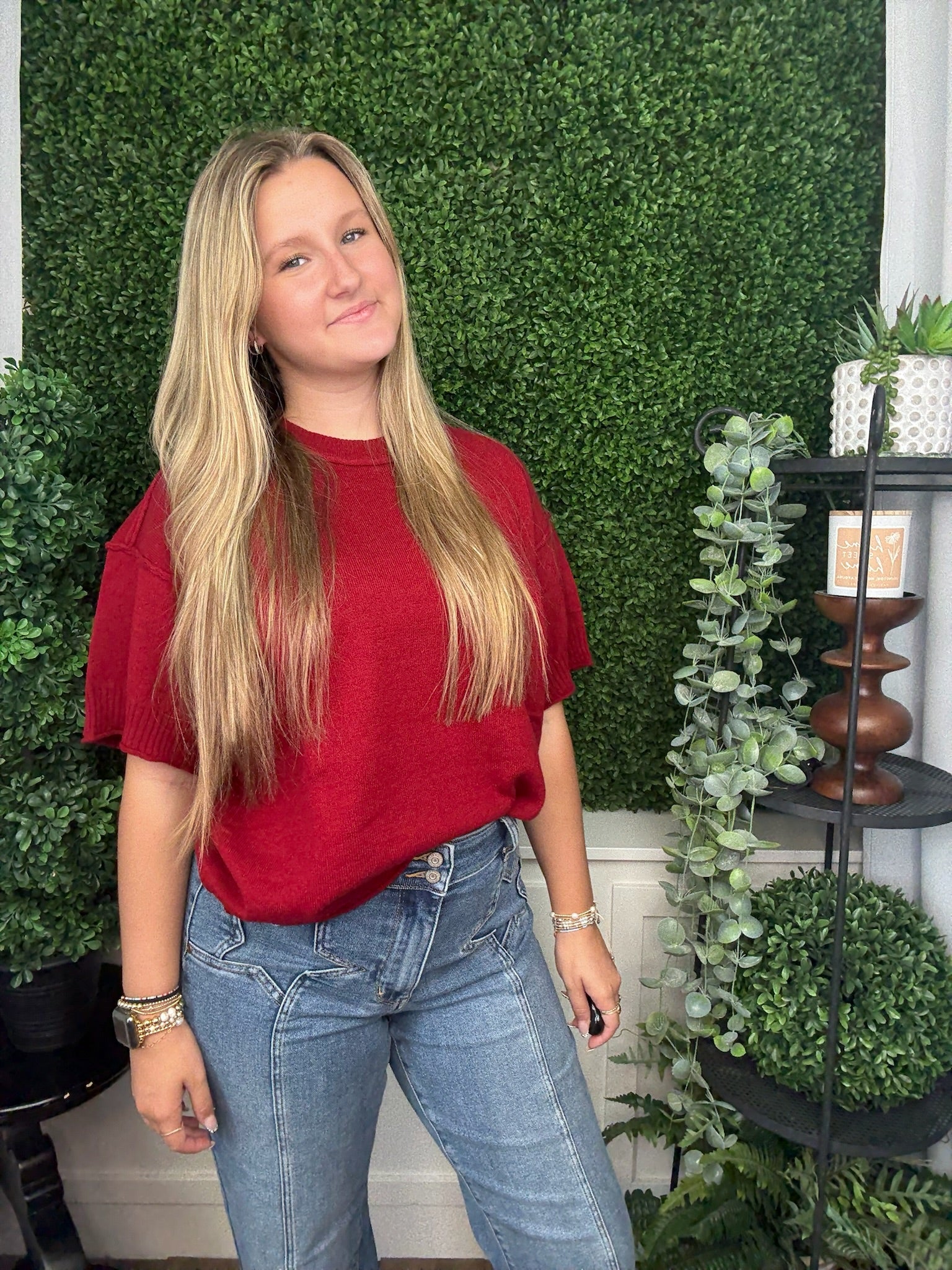 RAW EDGE ACCENT COMFY SWEATER TOP - BURGUNDY