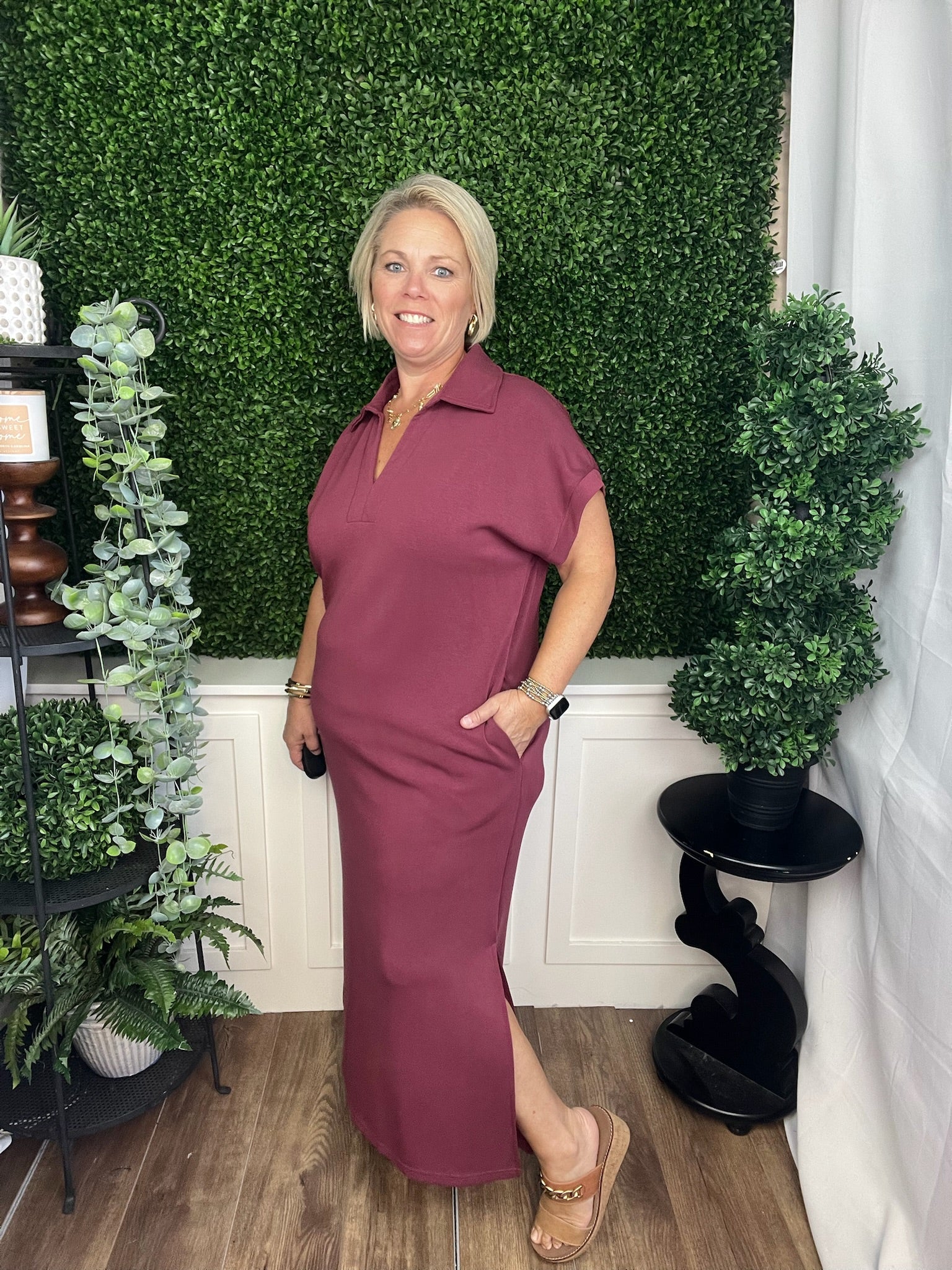 SOLID KNIT SPLIT COLLAR SHORT SLEEVE MIDI PULLOVER DRESS