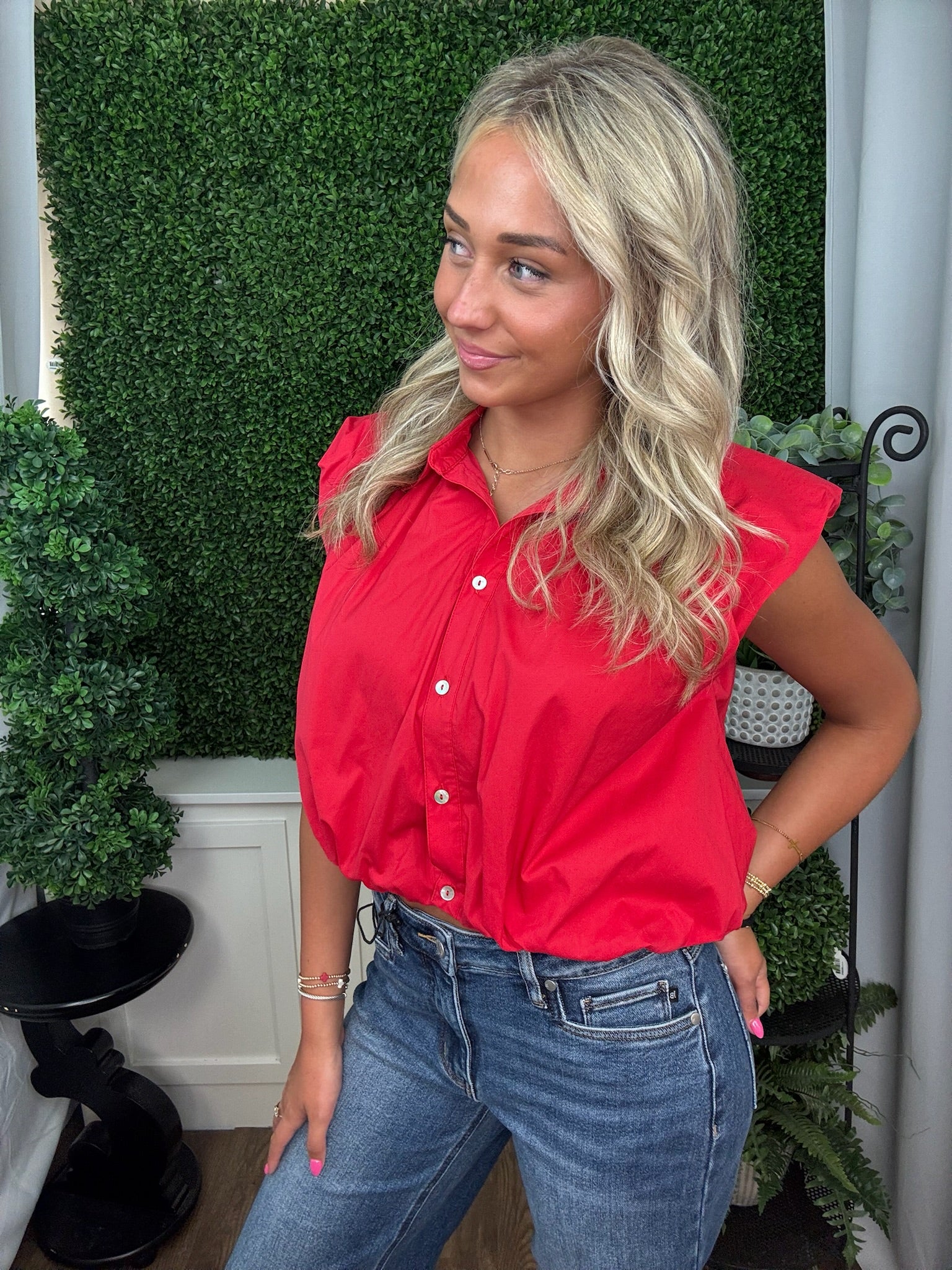 Crimson Sculpted Puff Sleeve Blouse