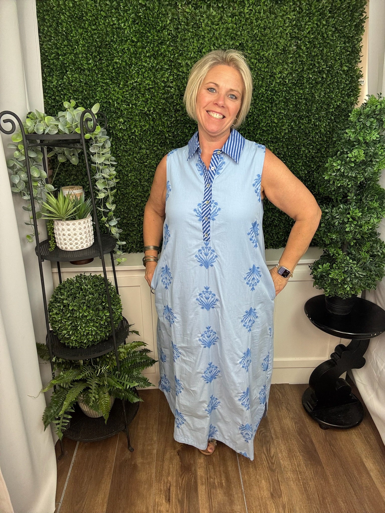 Chambray Printed A-Line Midi Dress L