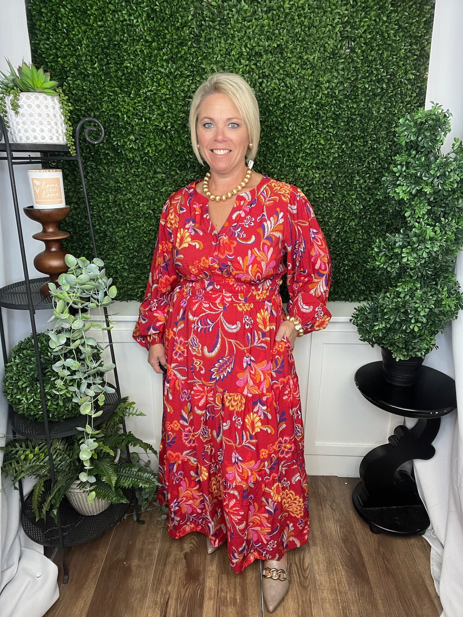 FLORAL PRINTED LS MIDI DRESS W/ELASTIC WAIST - RED