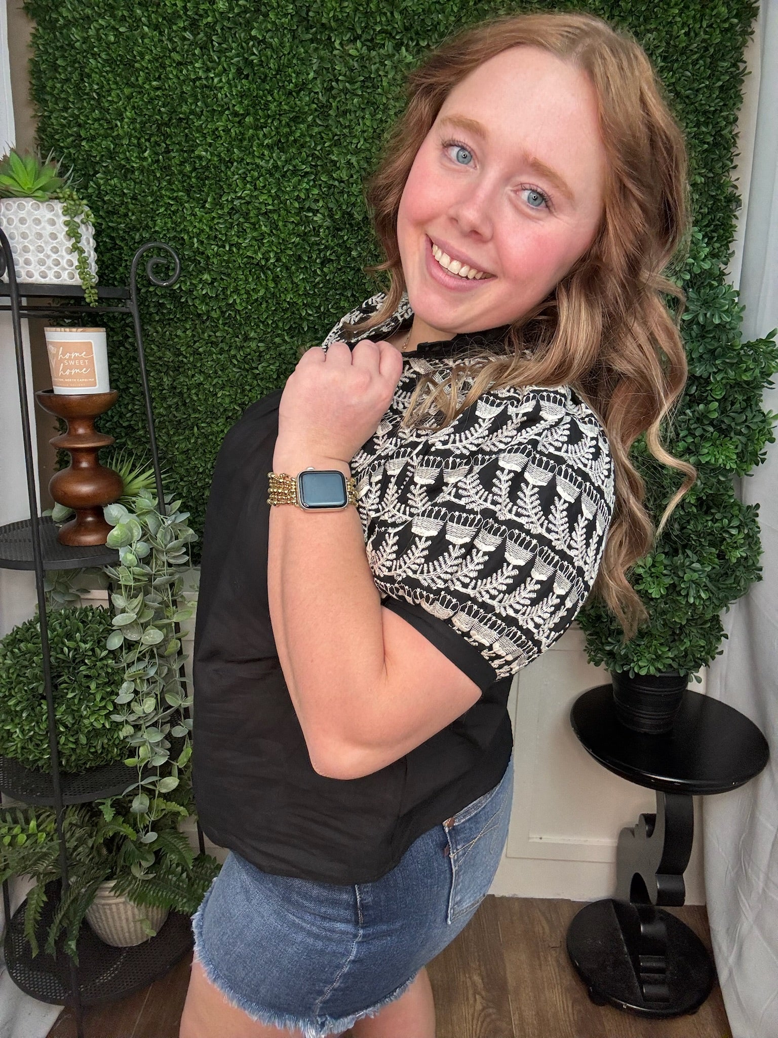 Embroidered Yoke Puff Sleeve Blouse