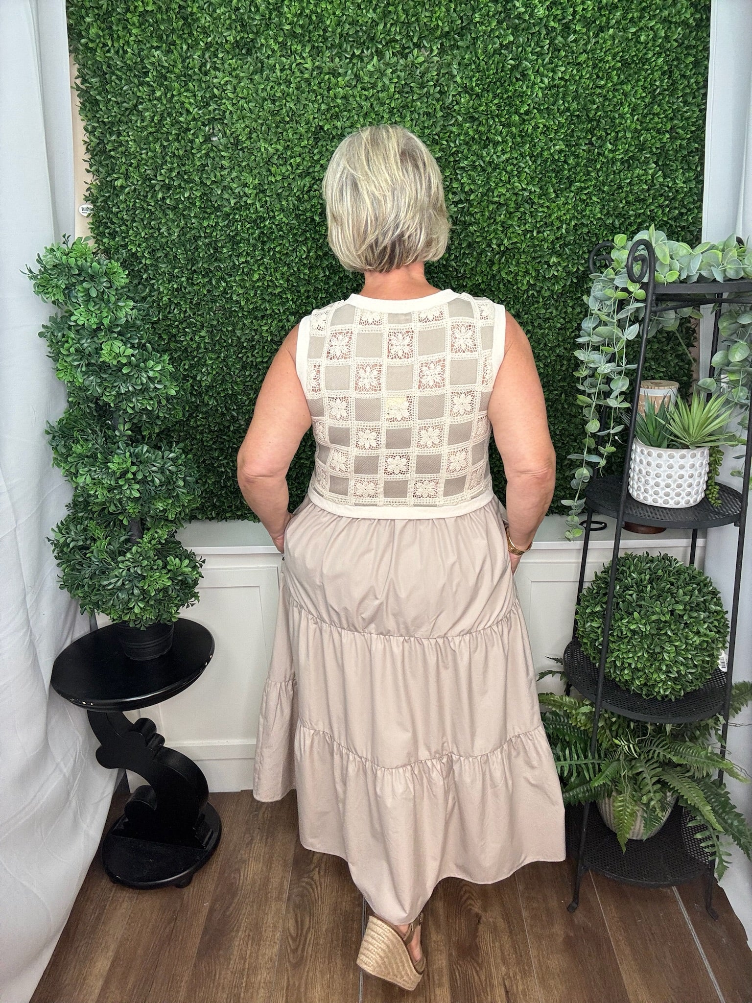 Mixed Fabric Midi Tiered Midi Dress - Taupe