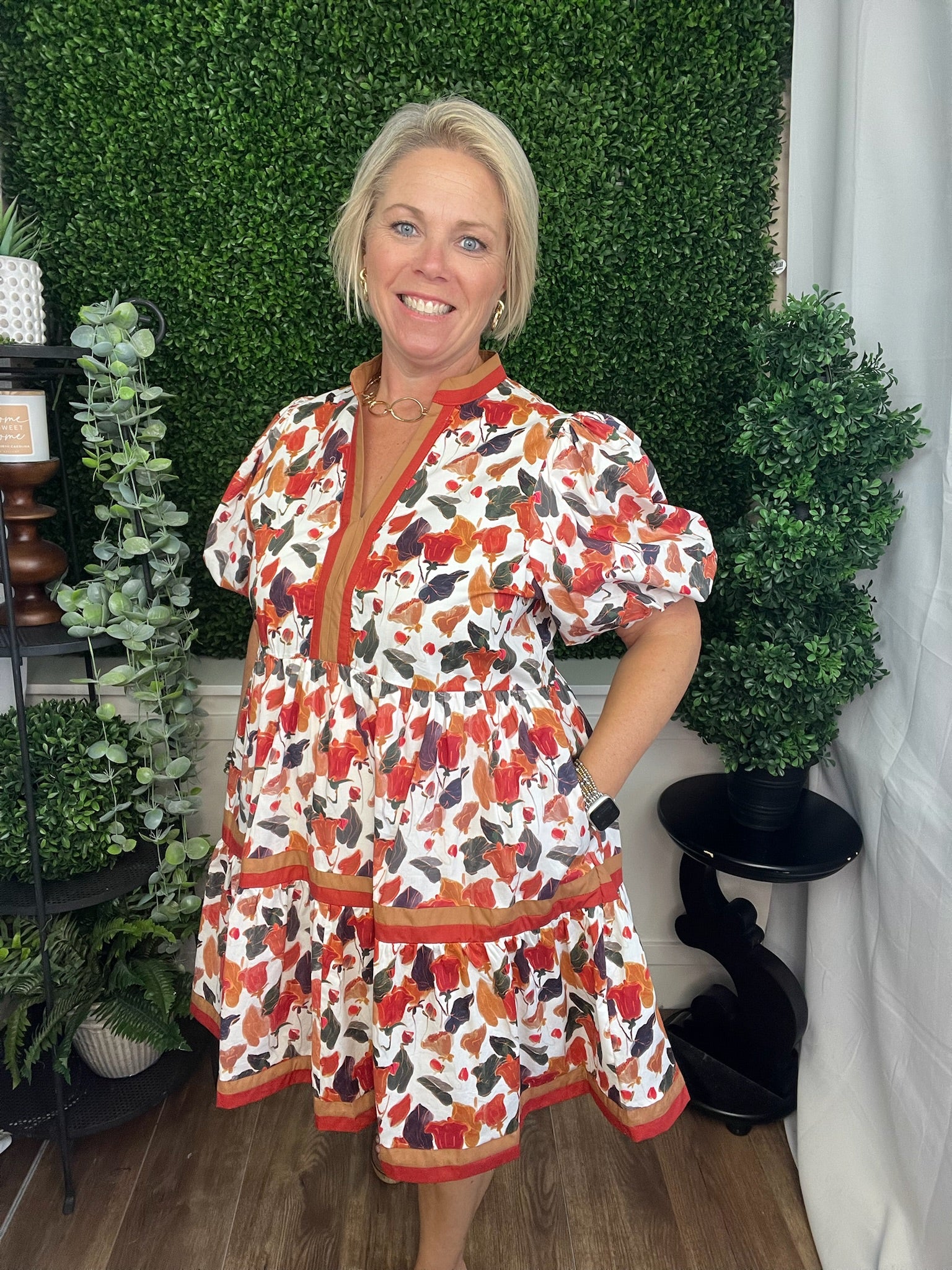 FLORAL PRINT SHORT BUBBLE SLEEVE PULLOVER MINI DRESS - PUMPKIN