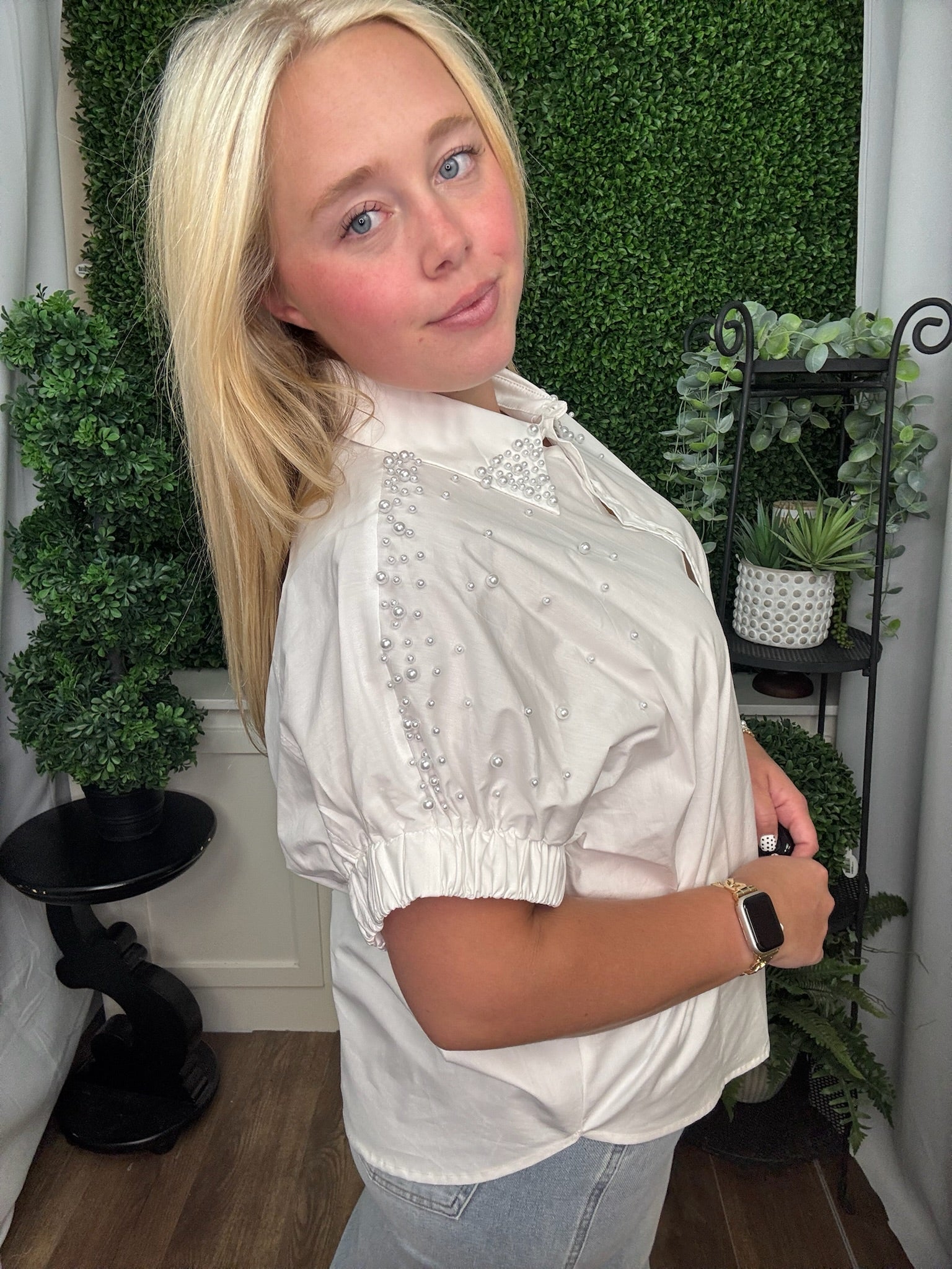 Pearl Studded Cap Sleeve Button-Up Top