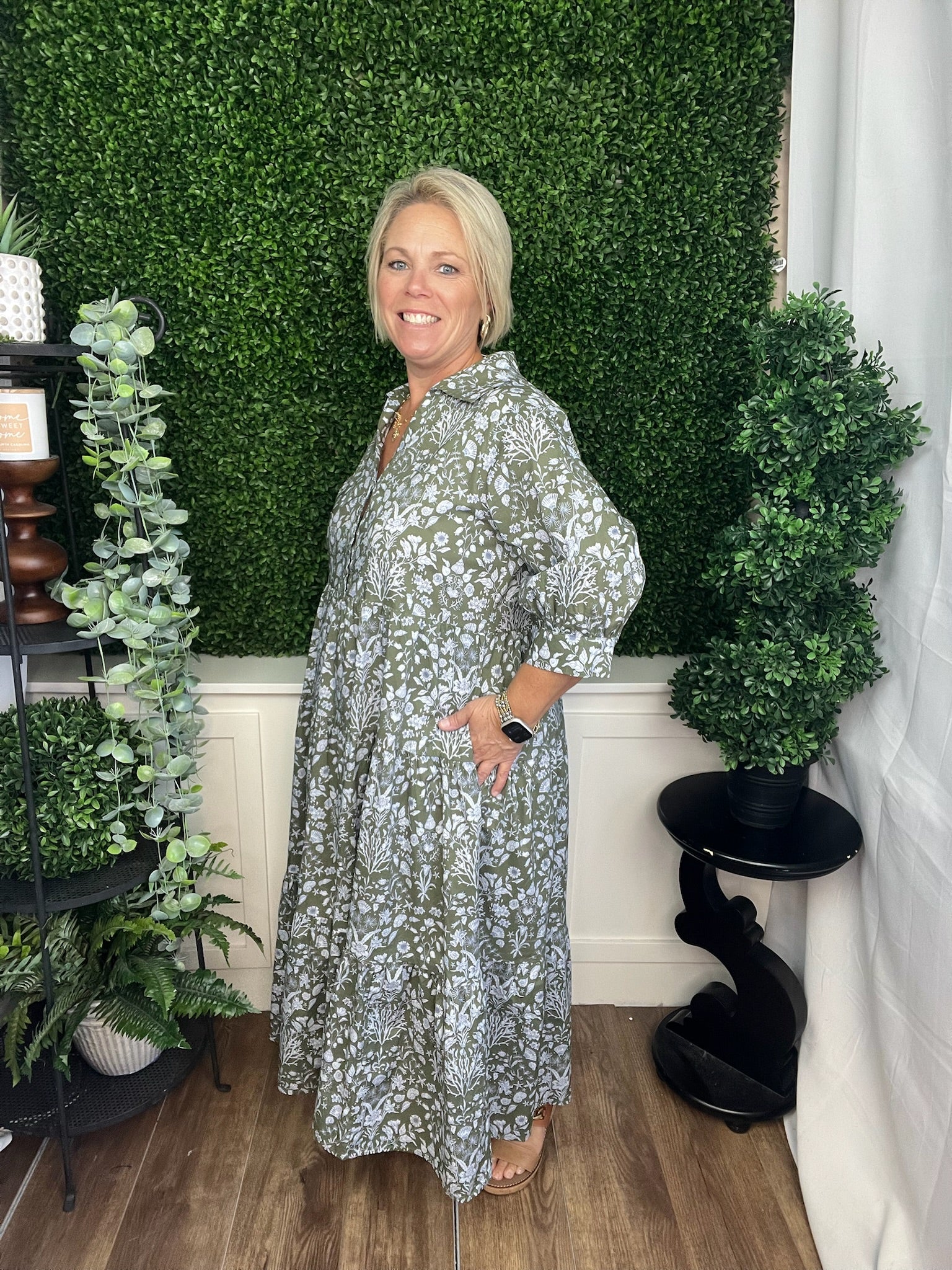 FLORAL PRINT CUFF 3/4 SLEEVE MIDI DRESS - OLIVE