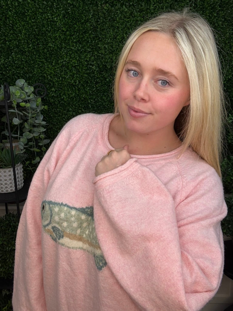 FISH GRAPHIC KNIT SWEATER - PINK