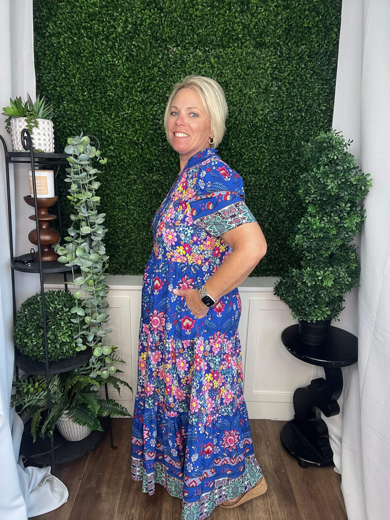 MIXED PRINT TIERED MIDI DRESS - COBALT MIX