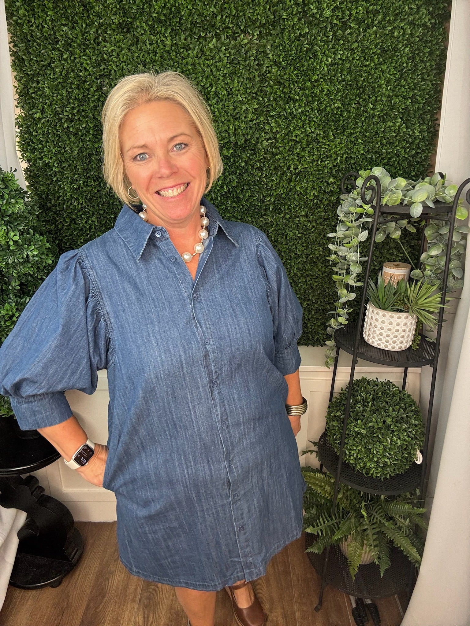 BUTTON DOWN PUFF SLEEVE MINI DRESS - DENIM