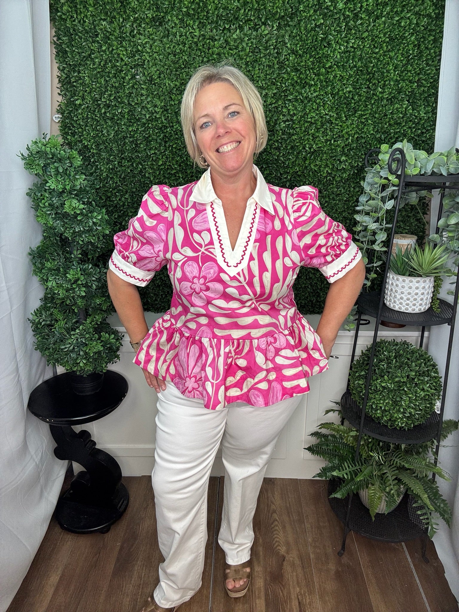 Floral Peplum Blouse with Contrast Collar