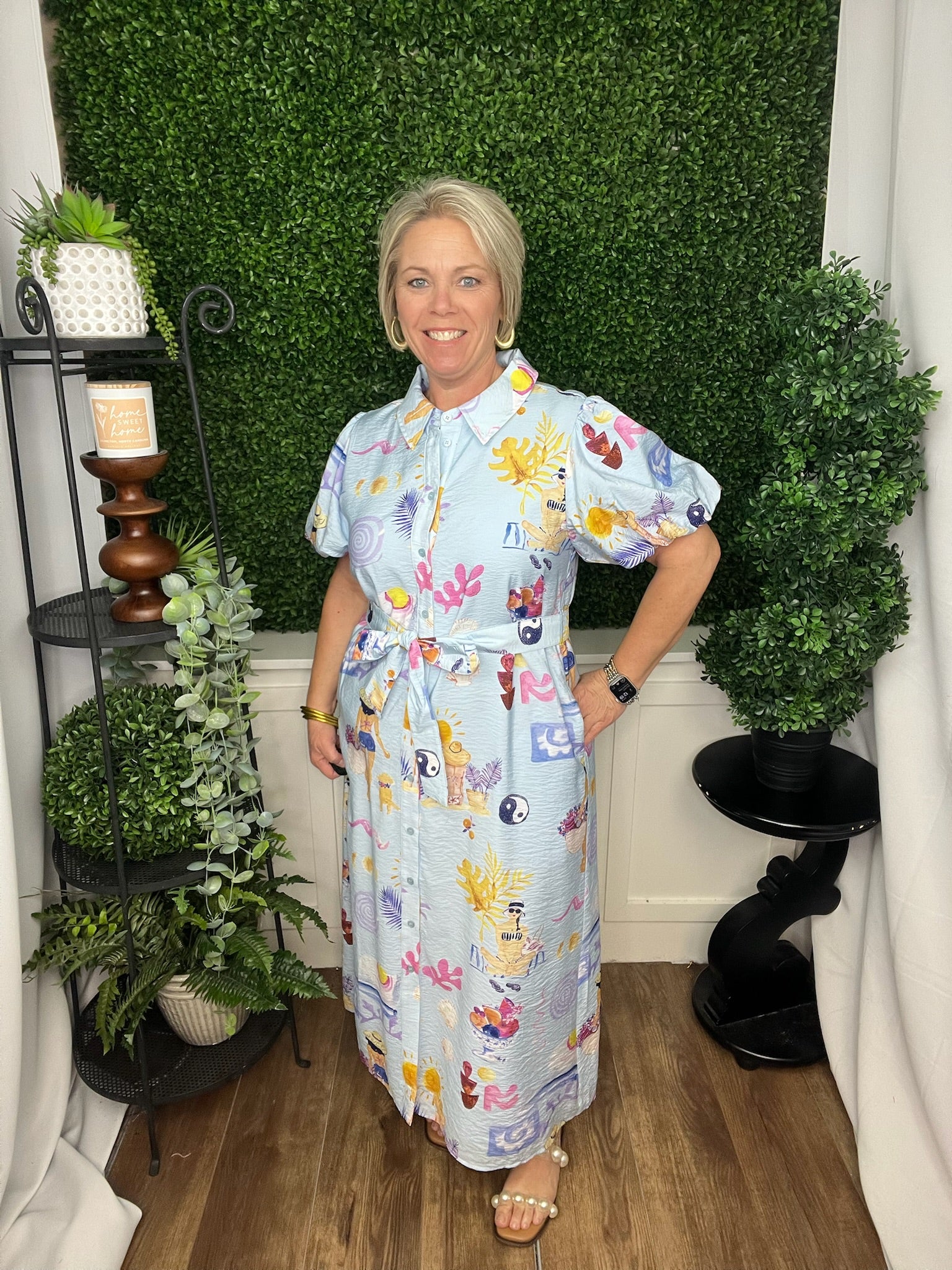 BUTTON DOWN SUMMER BEACH PRINT MIDI DRESS - BLUE