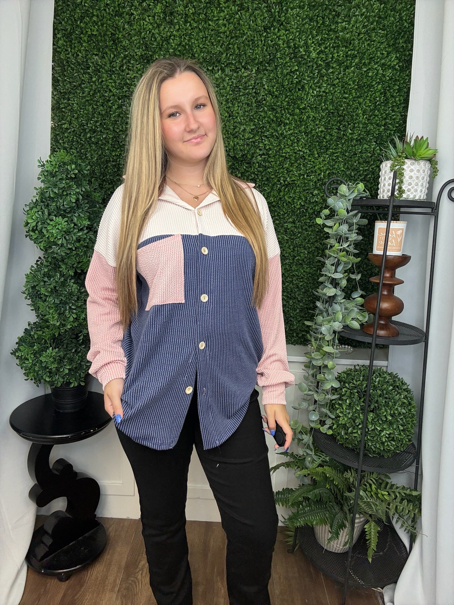 HANSEN COLOR BLOCK SHACKET - OATMEAL/PEACH/NAVY