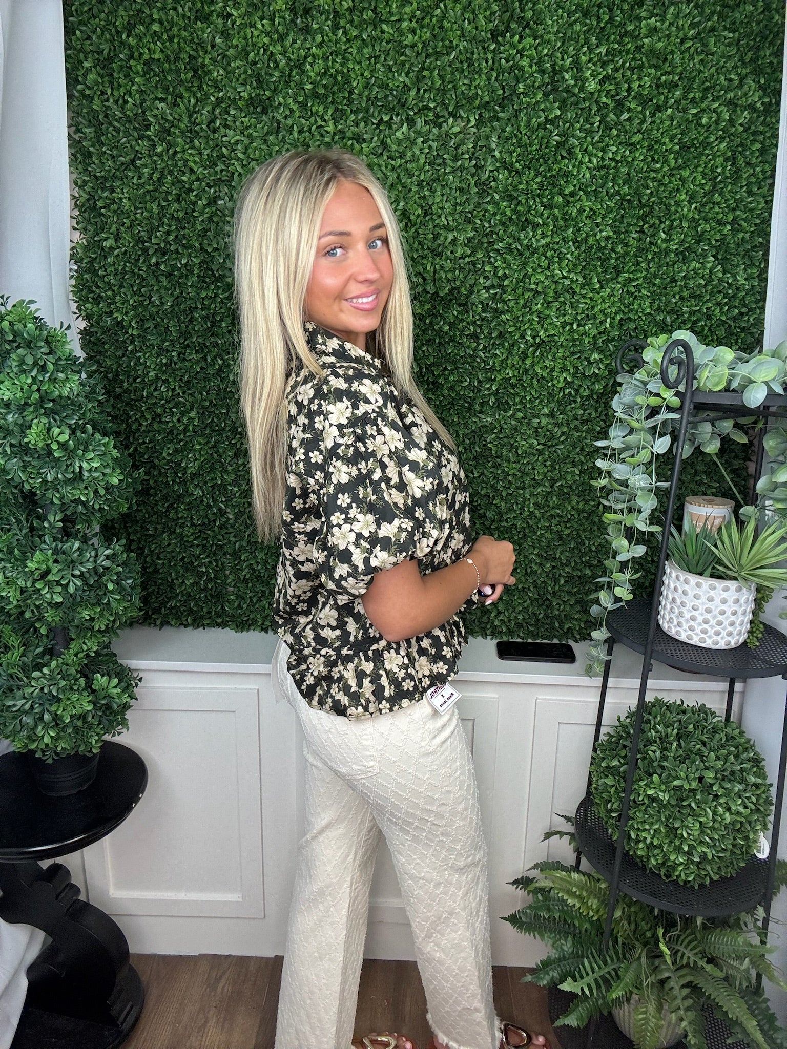 FLORAL PEPLUM BLOUSE - BLACK/DUSTY PINK