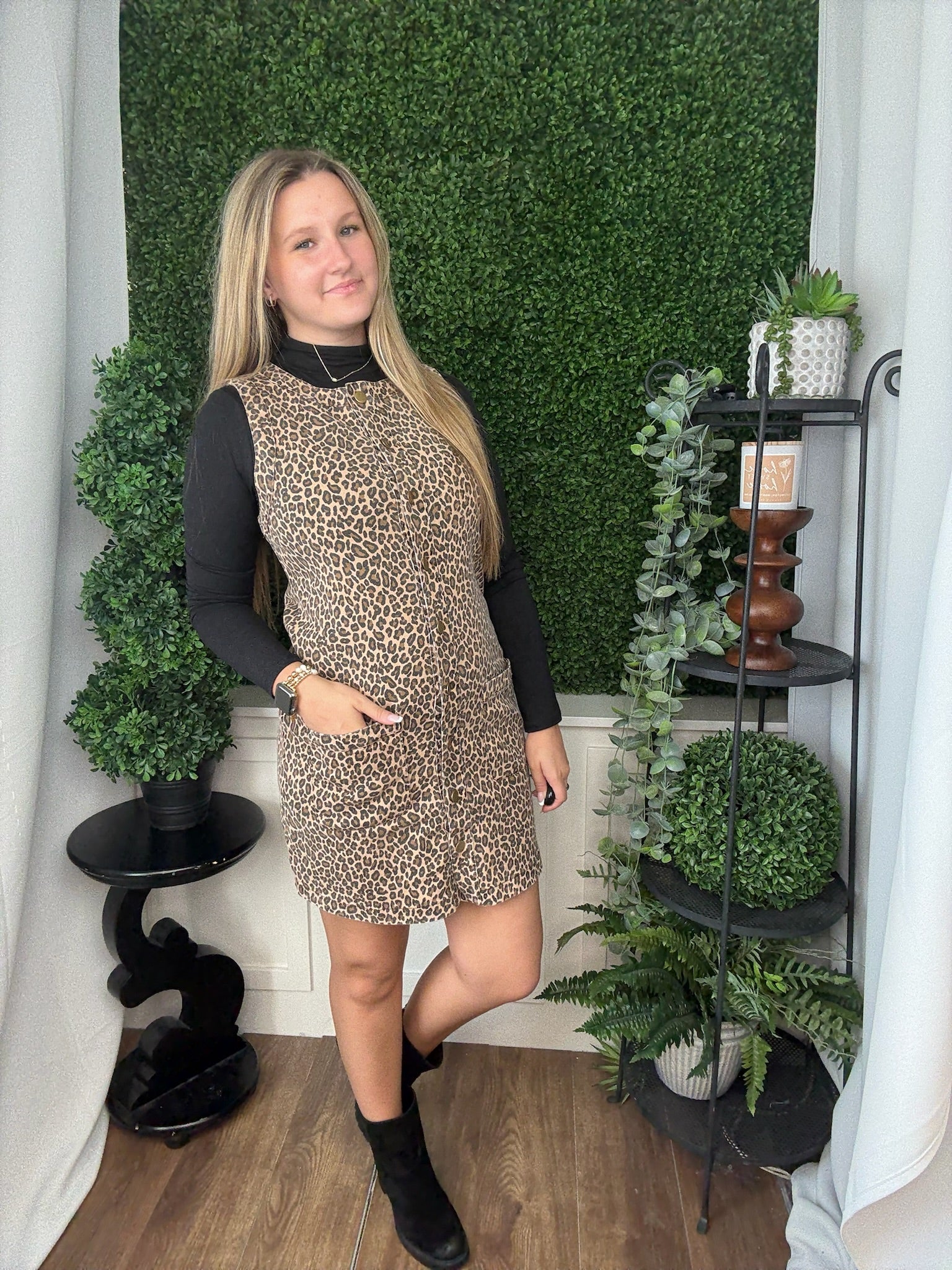 LEOPARD BUTTON DOWN FRONT MINI DRESS
