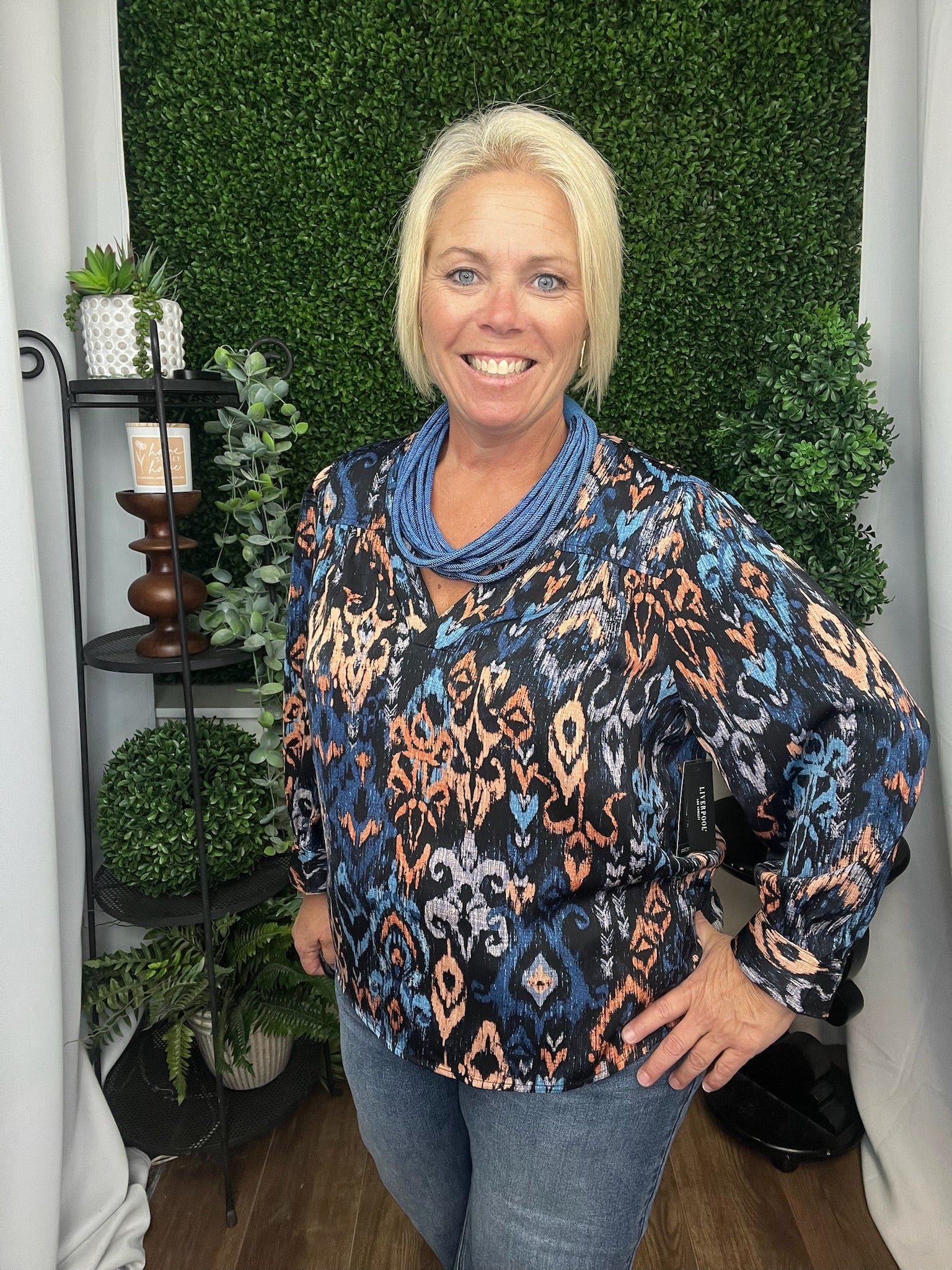 3/4 SLEEVE V-NECK POPOVER WOVEN BLOUSE BLUE MULTI IKAT