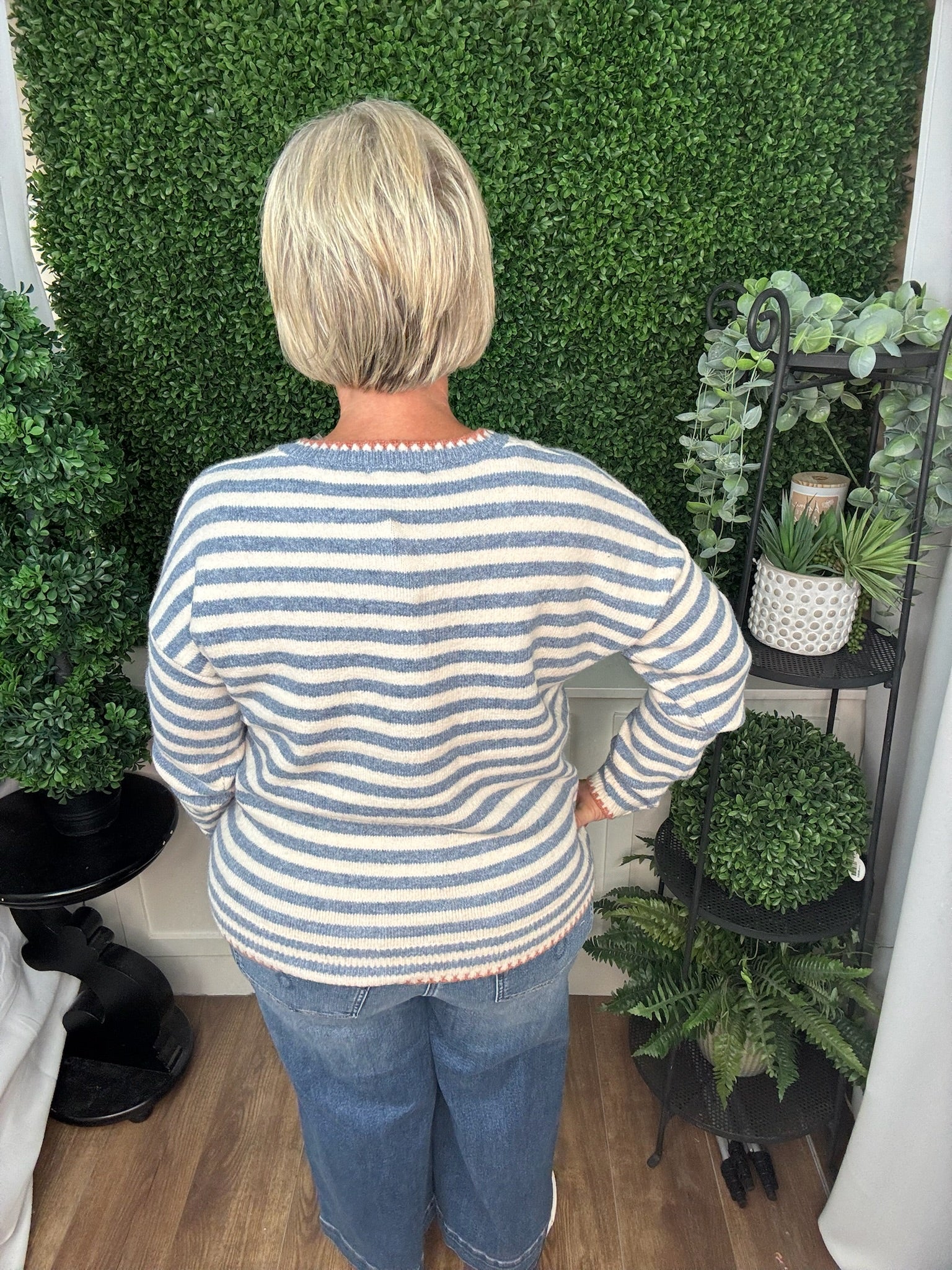 Striped Knit Sweater with Contrast Trim Pocket