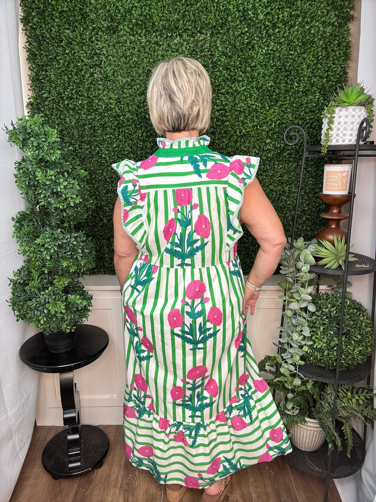 Garden Stripe Ruffle Midi Dress