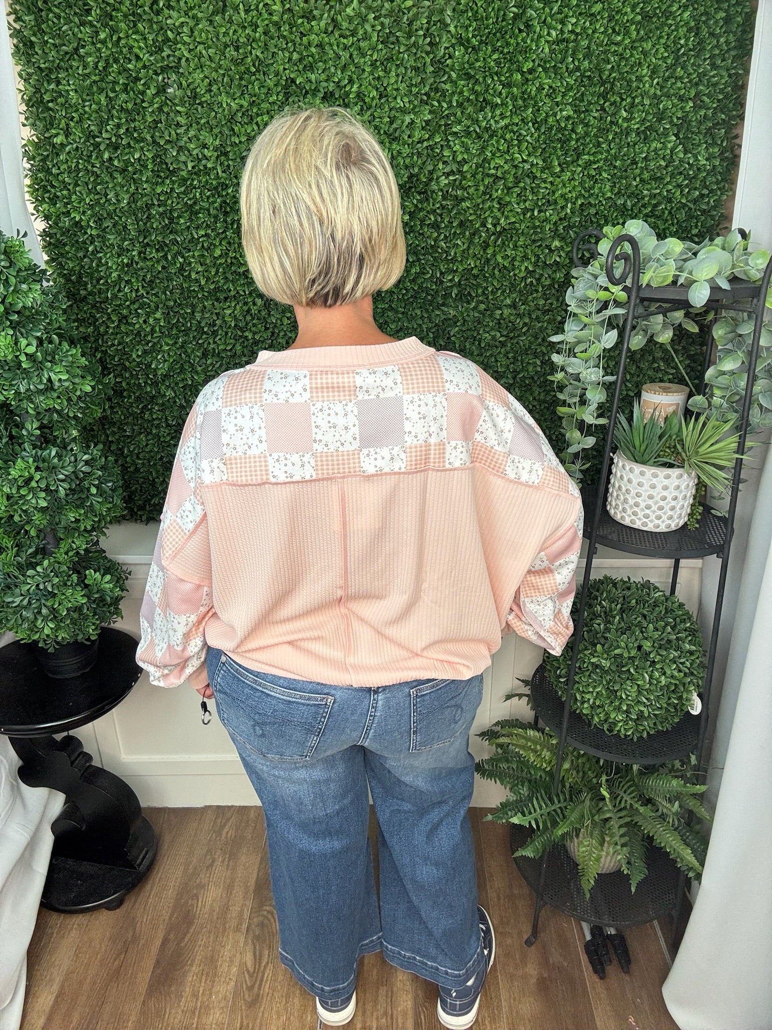 LONG SLEEVE DROP SHOULDER PATCHWORK PULLOVER - BLUSH