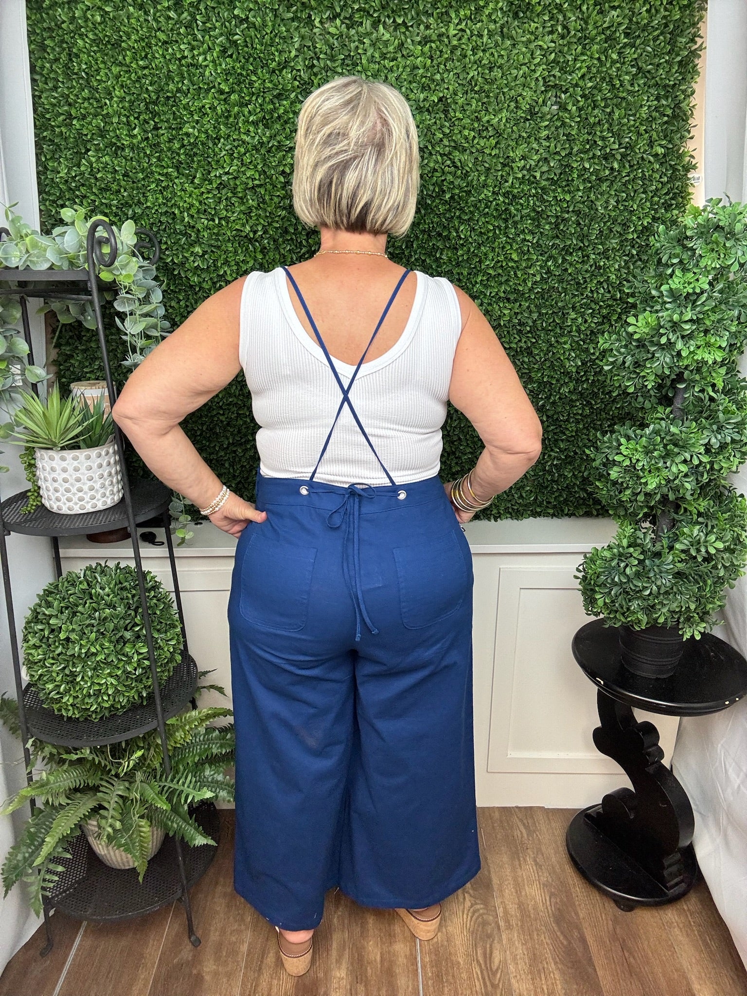 SPAGHETTI STRAP CRISS CROSS BACK JUMPER BLUE GRAY