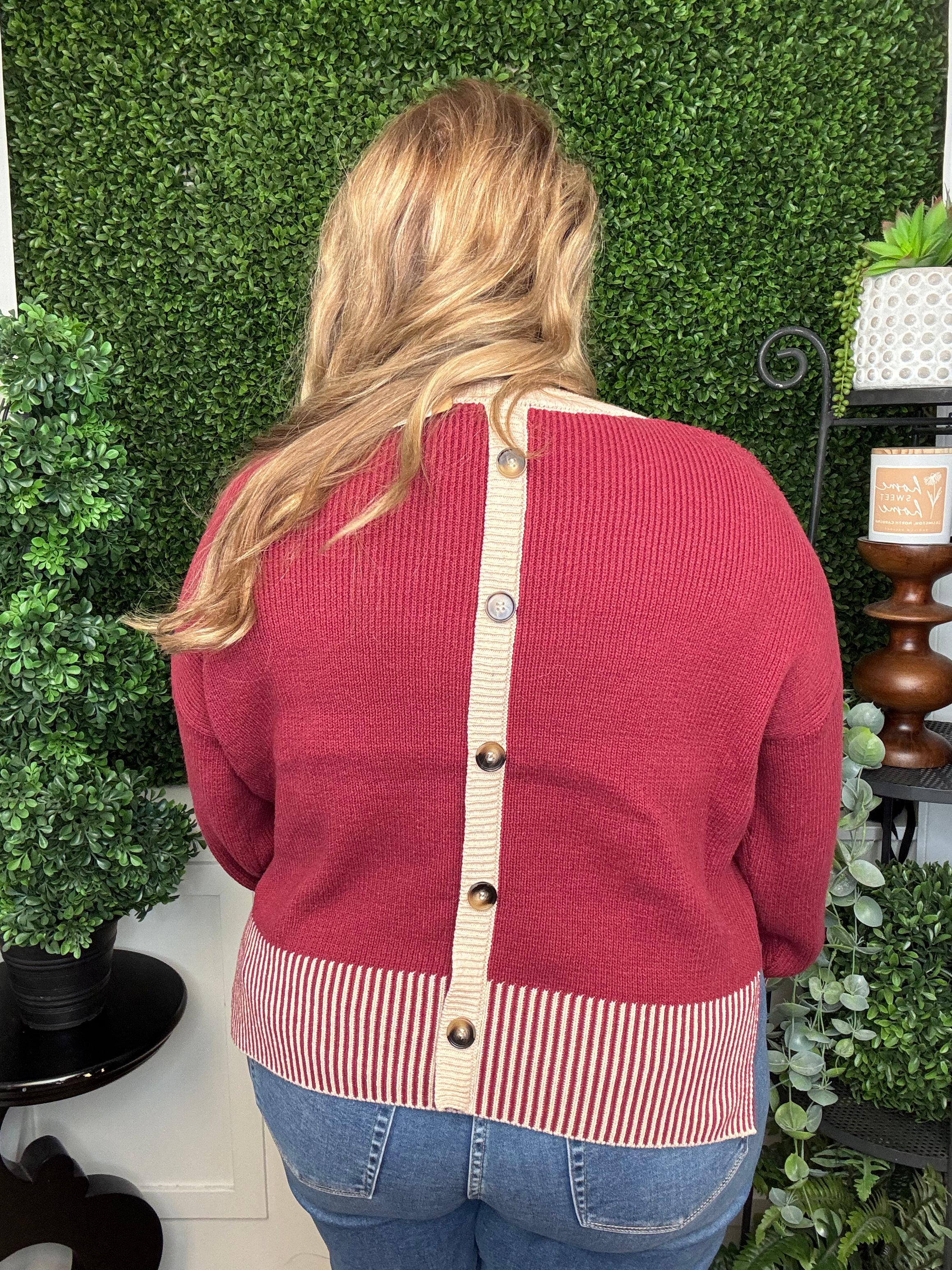 CONTRAST STRIPE HEM LS KNIT SWEATER - OXBLOOD