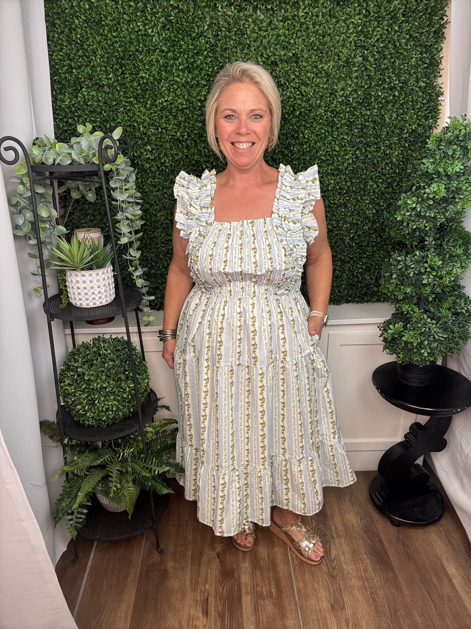 Vintage-Inspired Floral Smocked Midi Dress with Ruffle Strap Detail