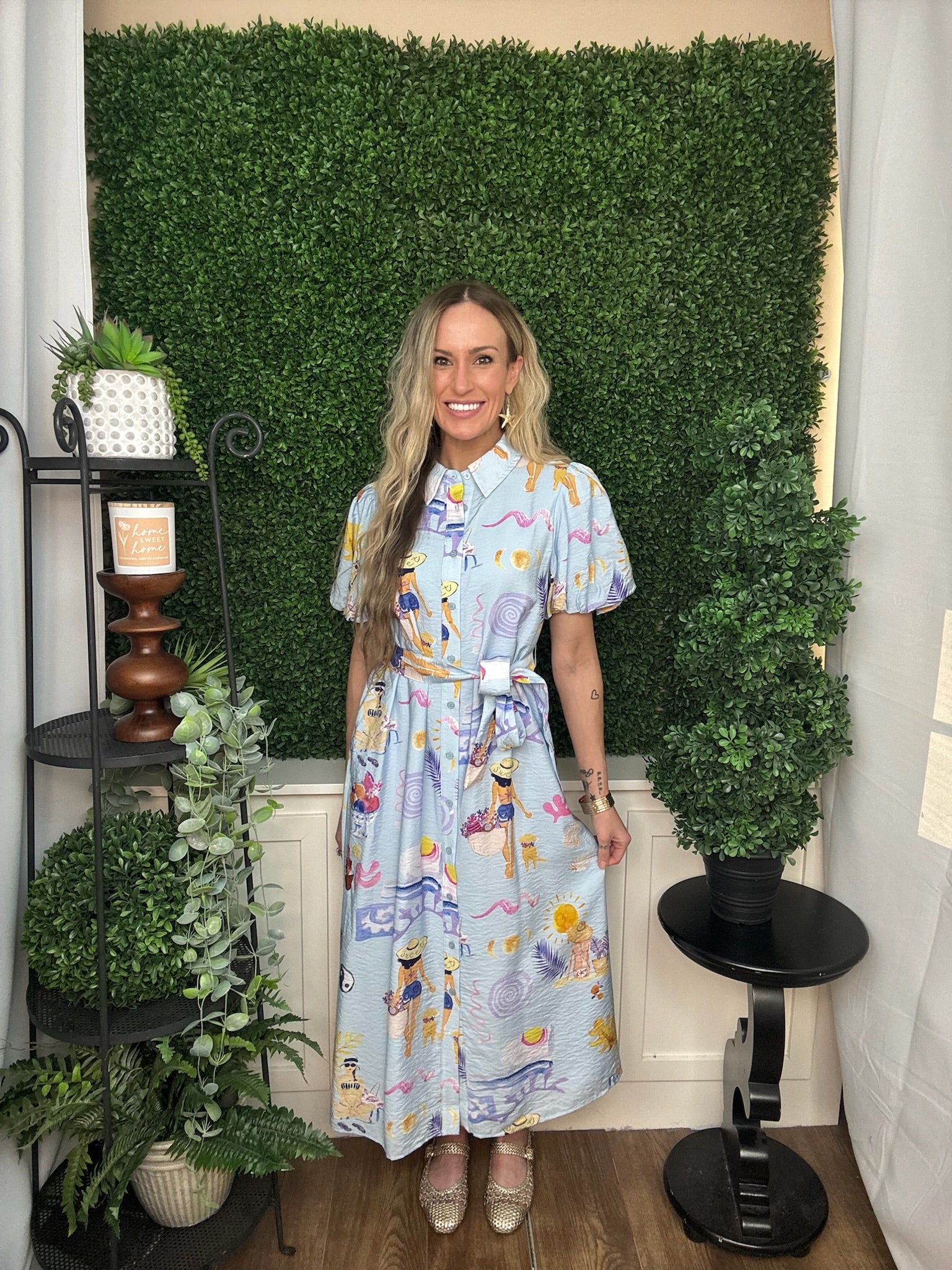 BUTTON DOWN SUMMER BEACH PRINT MIDI DRESS - BLUE