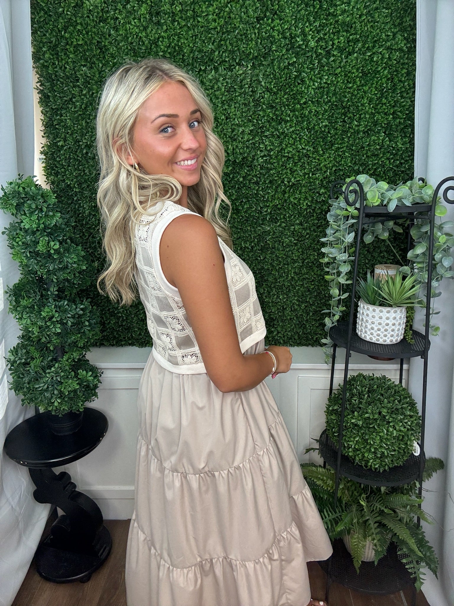 Mixed Fabric Midi Tiered Midi Dress - Taupe