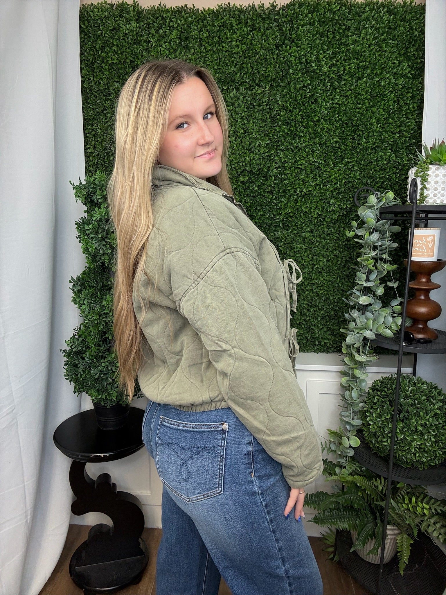 WASHED QUILTED FRONT TIE PUFFER JACKET - OLIVE