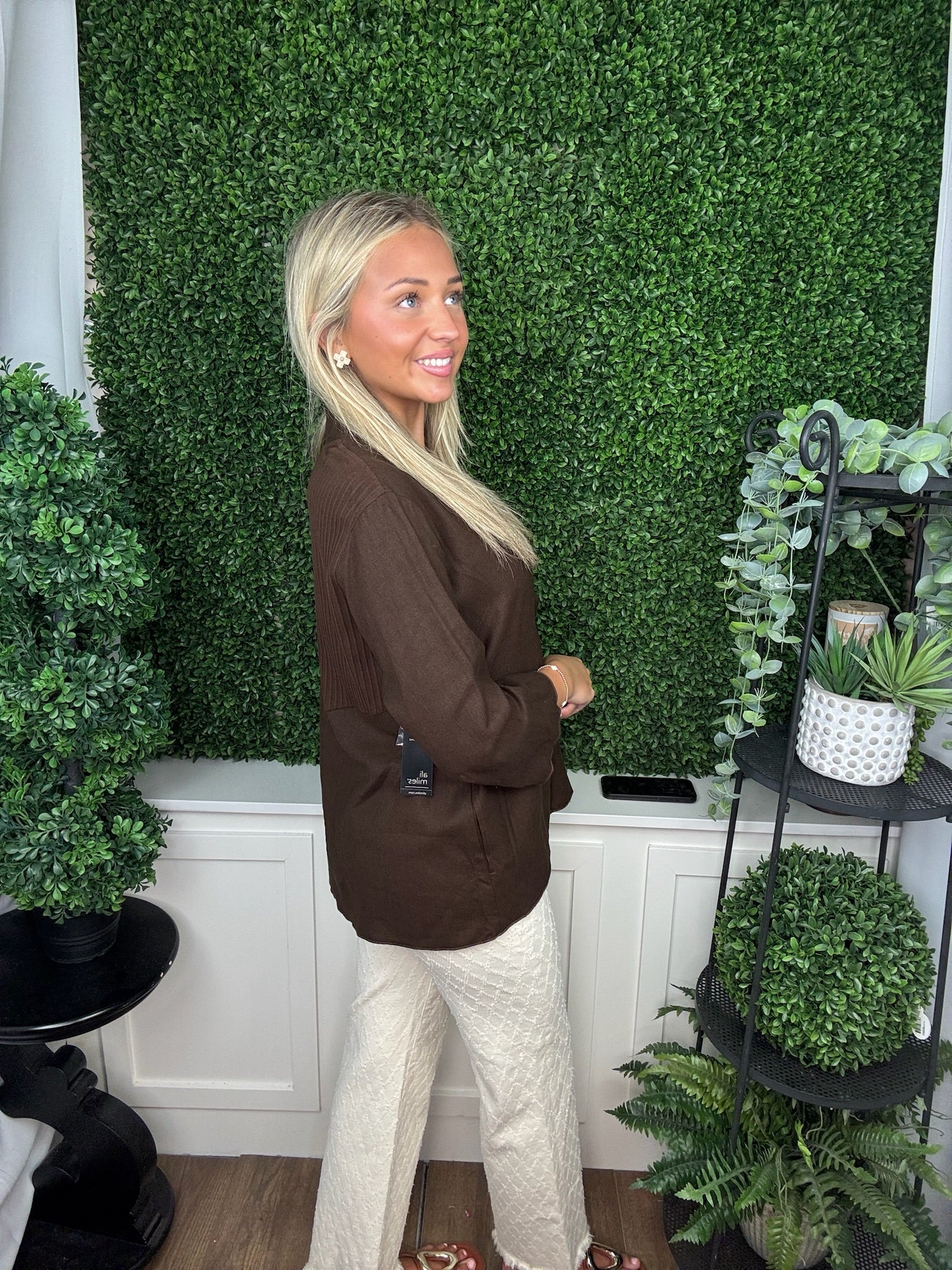 WOVEN OPEN FRONT JACKET WITH SINGLE BUTTON 3/4 SLEEVES - CHOC