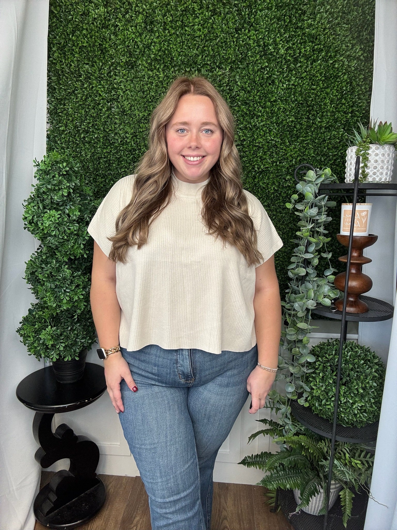 VISCOSE MOCK NECK SS BOXY SWEATER