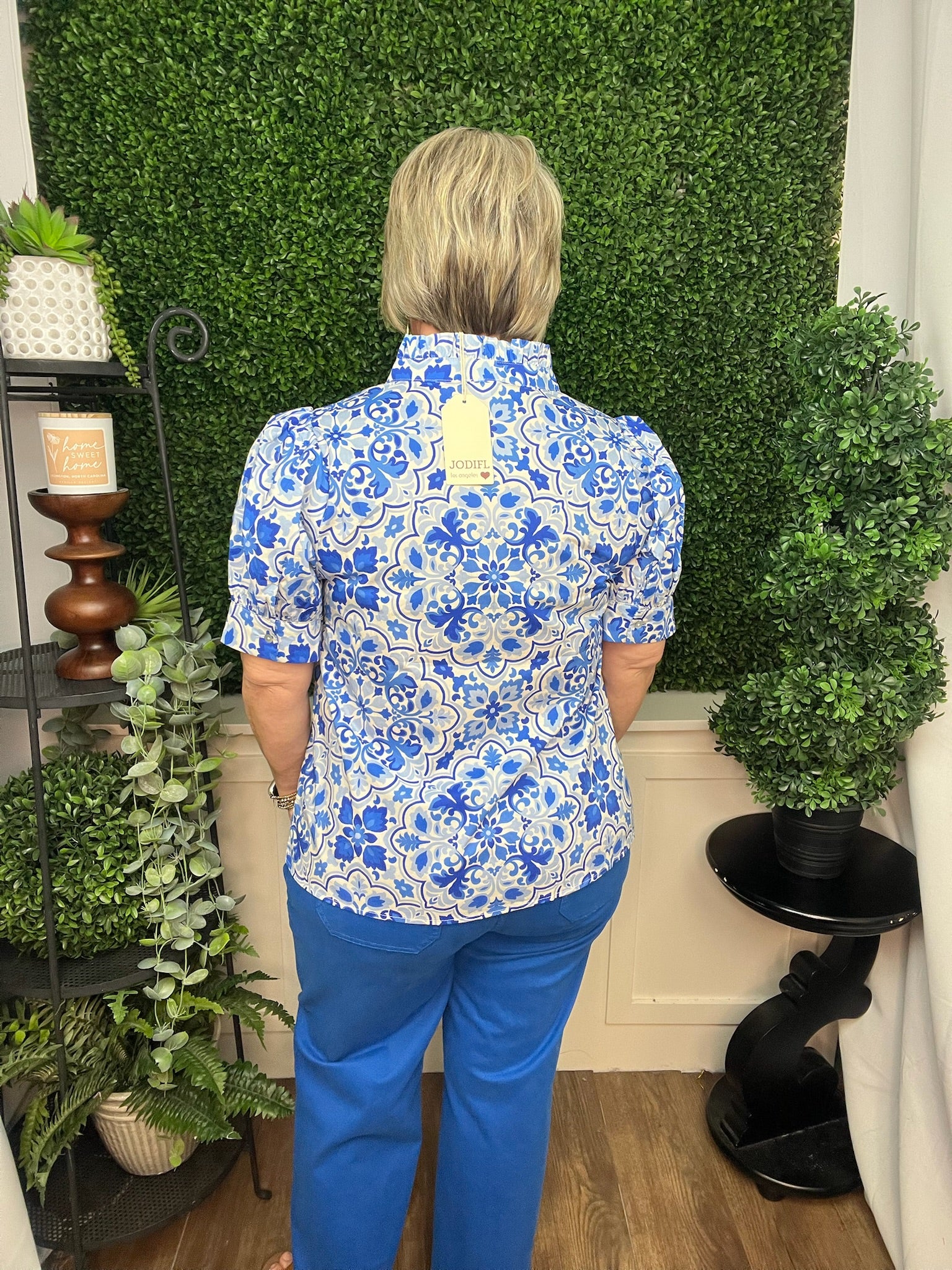 PUFF SHOULDER RUFFLED NECKLINE CRINKLED SOLID TOP - ROYAL