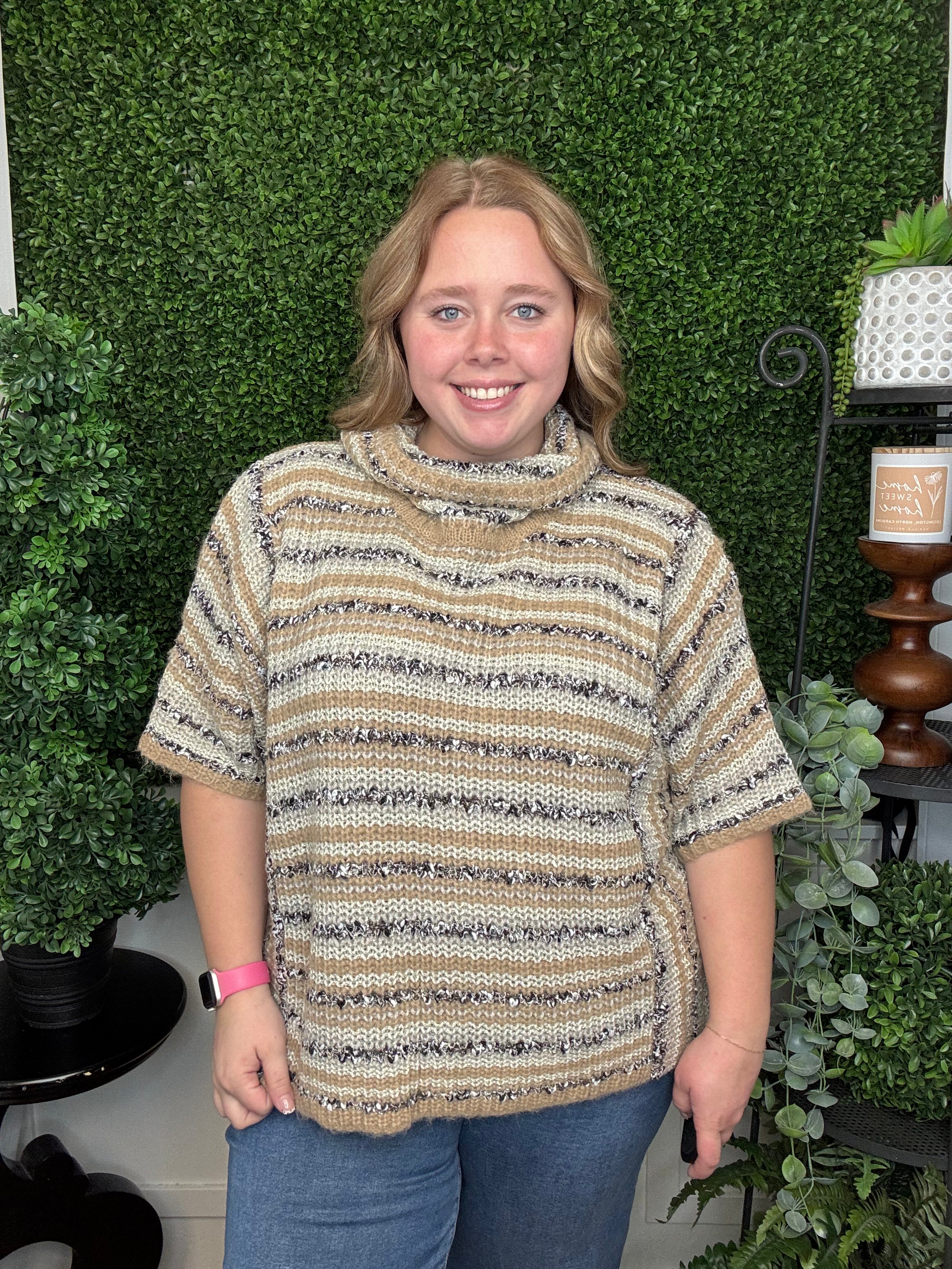 STRIPED BOUCLE SS TURTLENECK SWEATER - OATMEAL