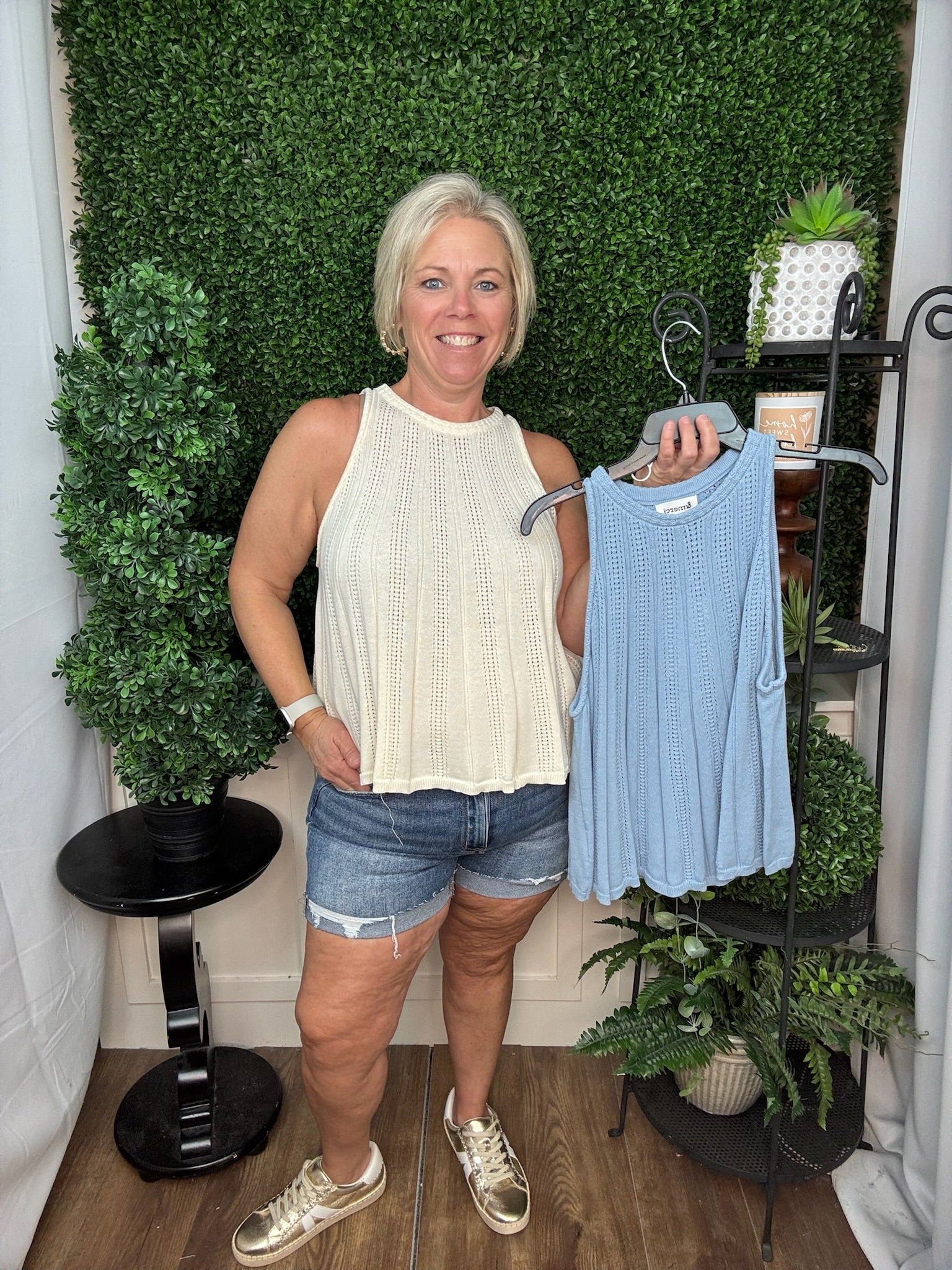 Blue Pointelle Knit Sleeveless Top