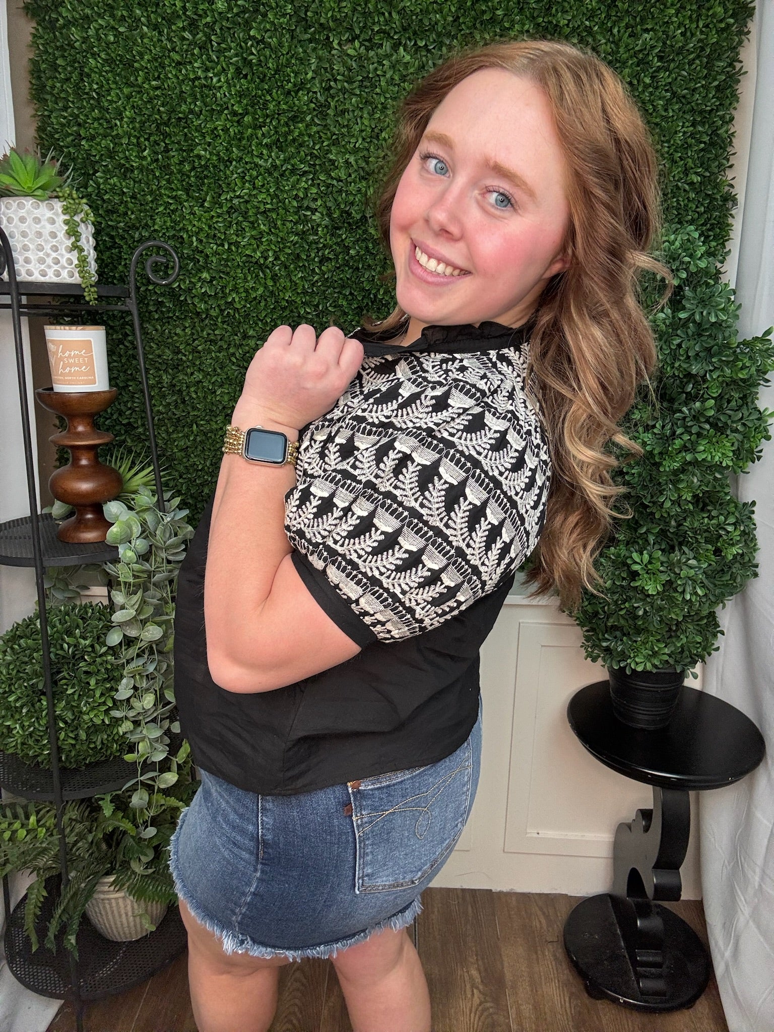 Embroidered Yoke Puff Sleeve Blouse