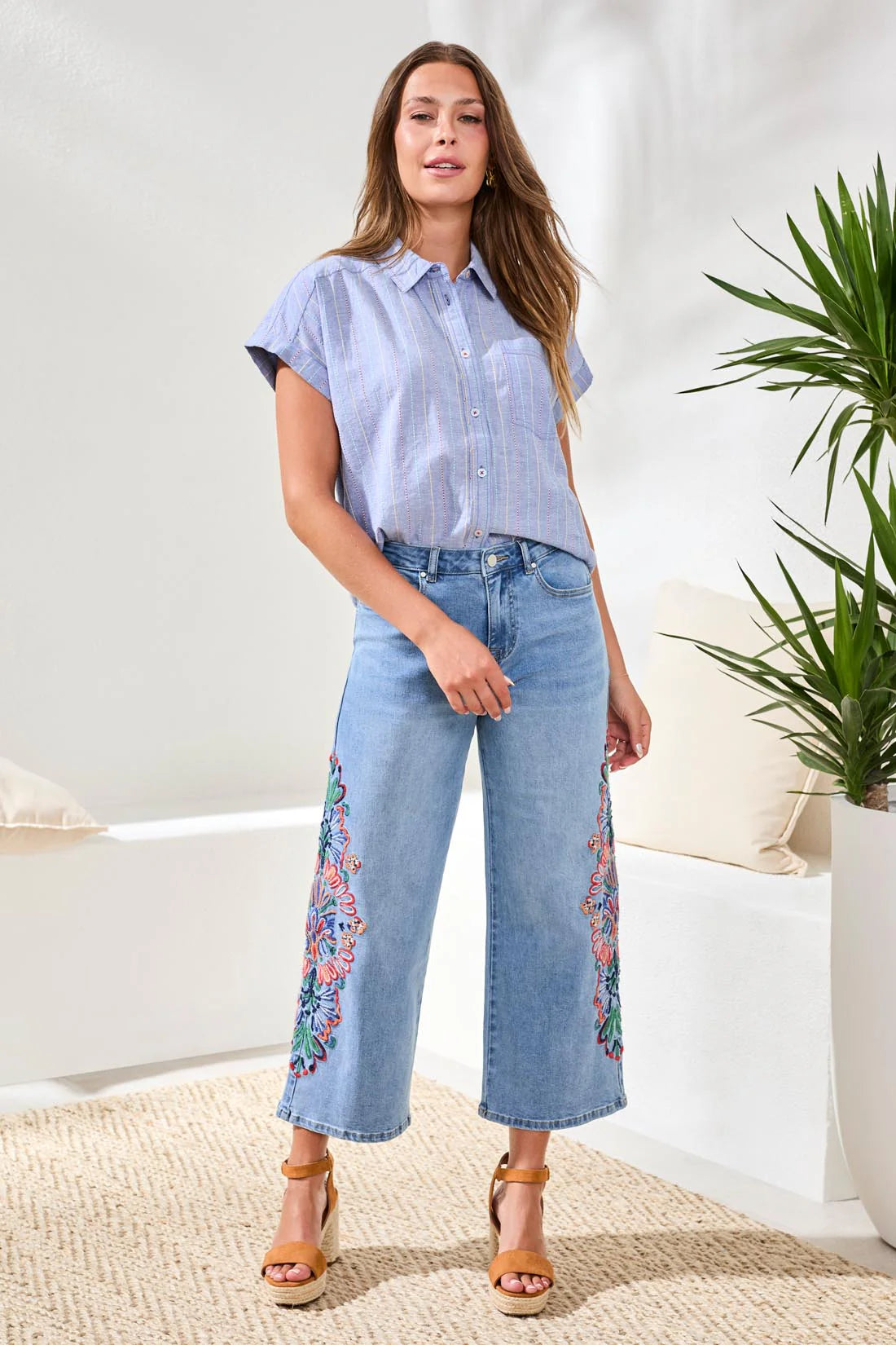 AUDREY WIDE CROP JEANS W/FANCY EMBROIDERY - DESERT BLUE
