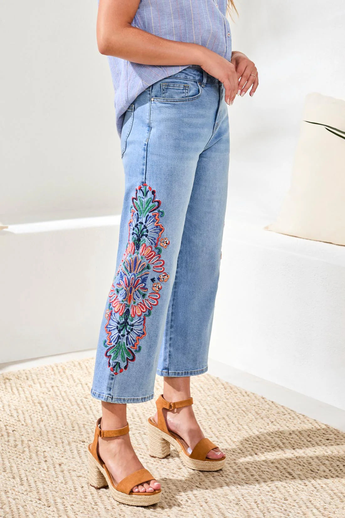 AUDREY WIDE CROP JEANS W/FANCY EMBROIDERY - DESERT BLUE