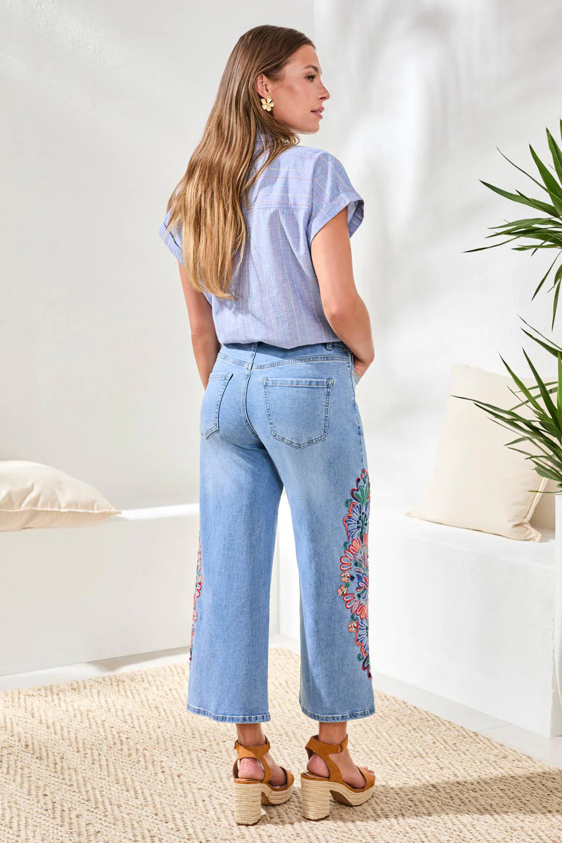 AUDREY WIDE CROP JEANS W/FANCY EMBROIDERY - DESERT BLUE