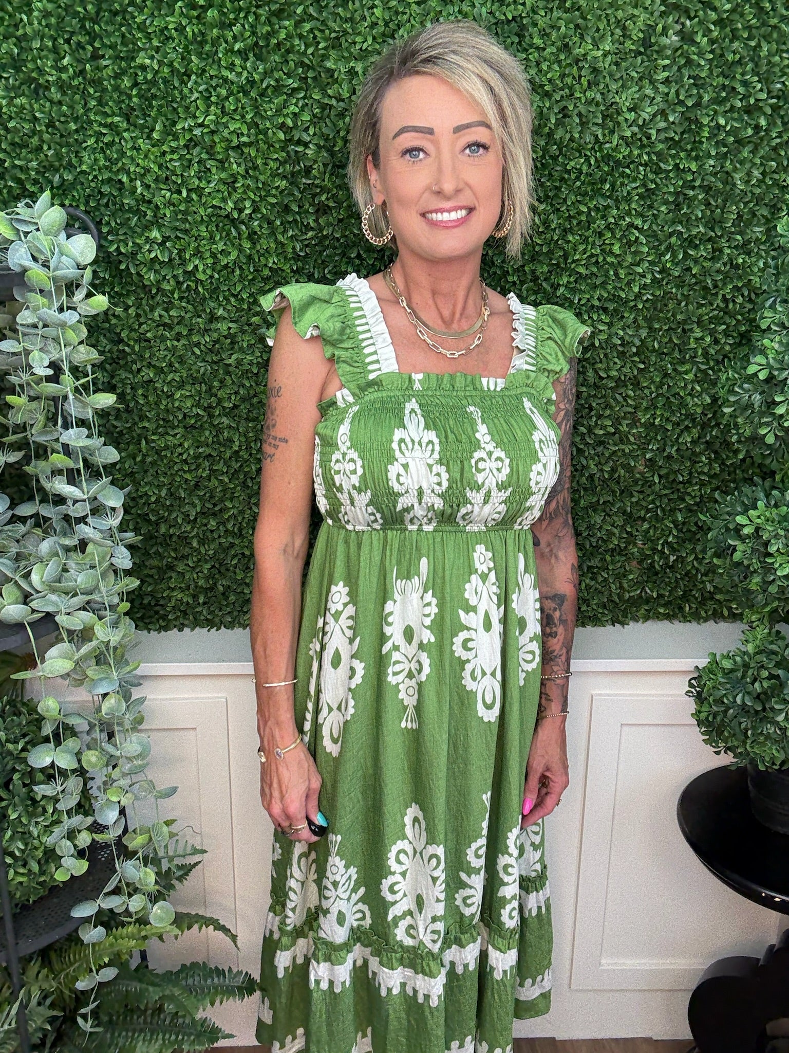 ABSTRACT SMOCKED MIDI DRESS - GREEN