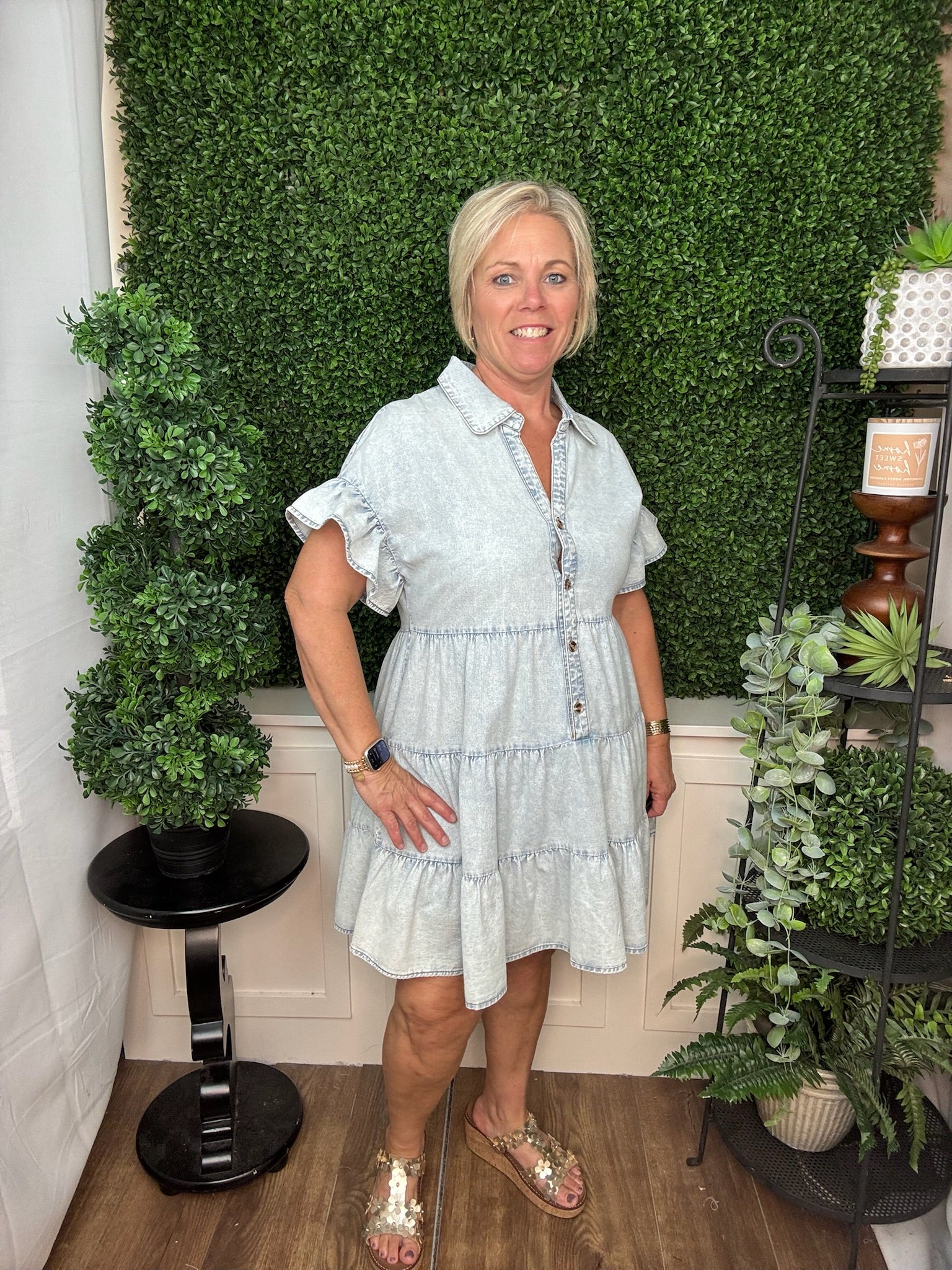 Light Denim Button-Front Tiered Babydoll Top