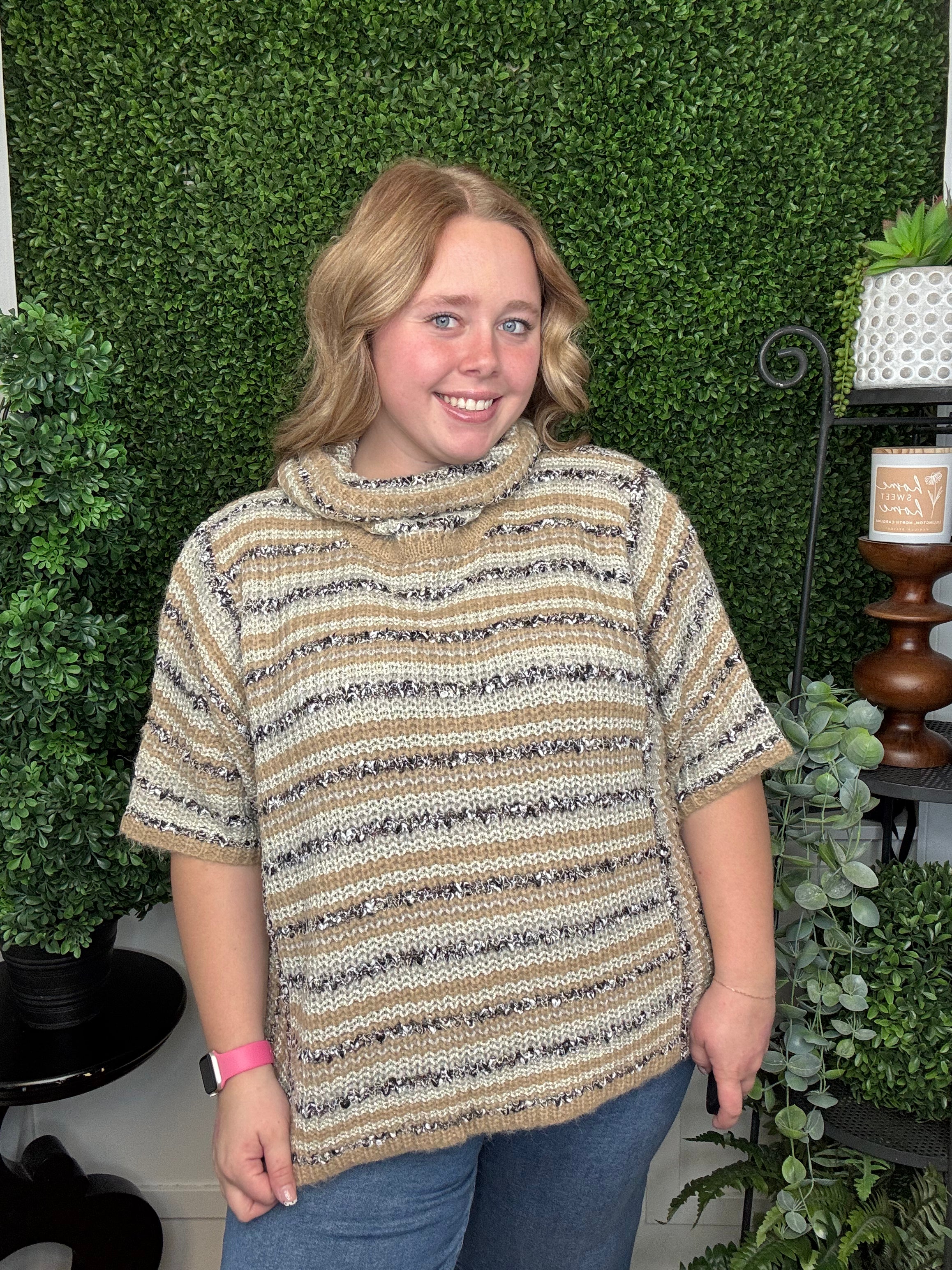 STRIPED BOUCLE SS TURTLENECK SWEATER - OATMEAL