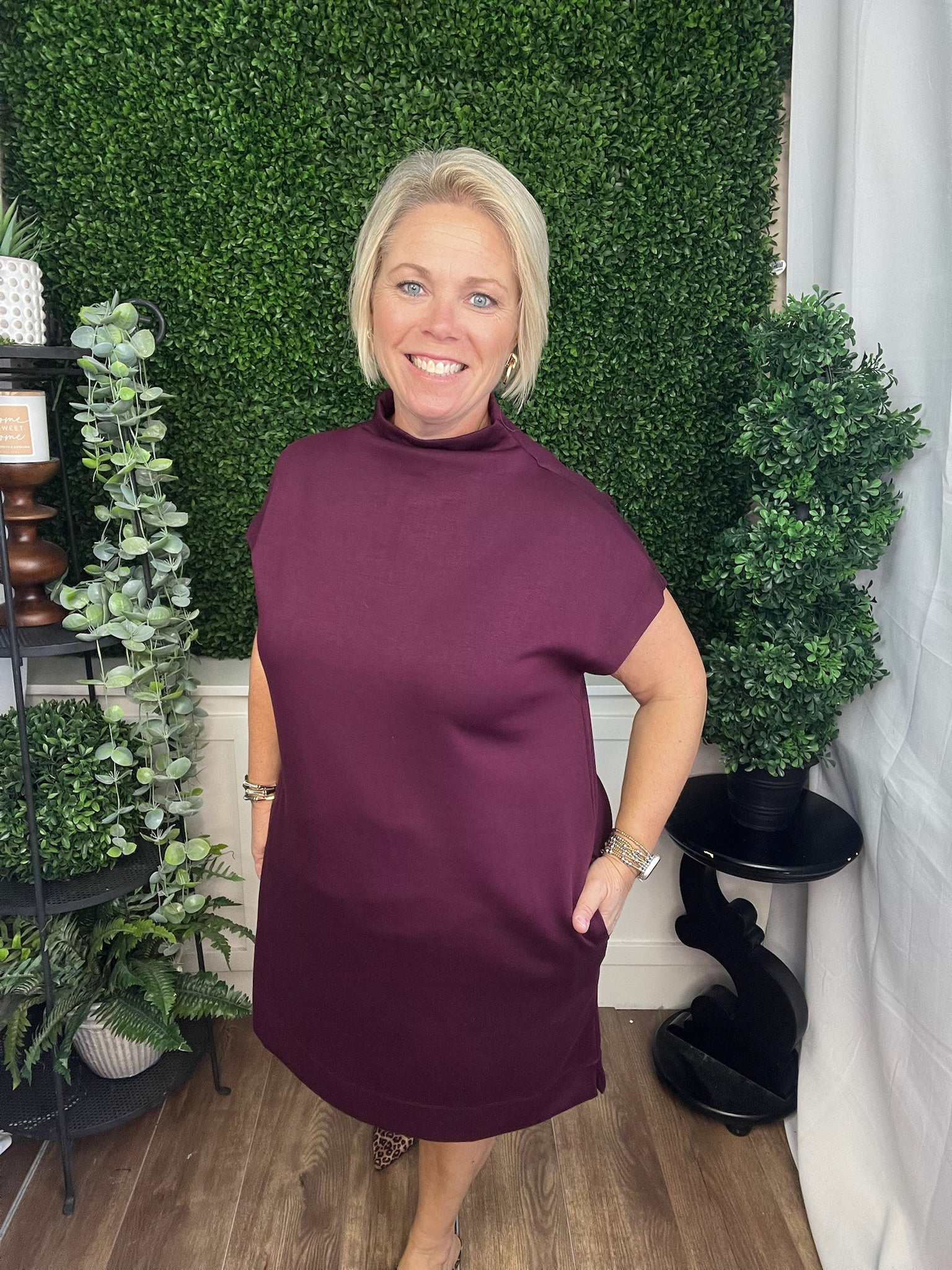 SOLID JERSEY MOCK NECK PULLOVER MINI DRESS - WINE