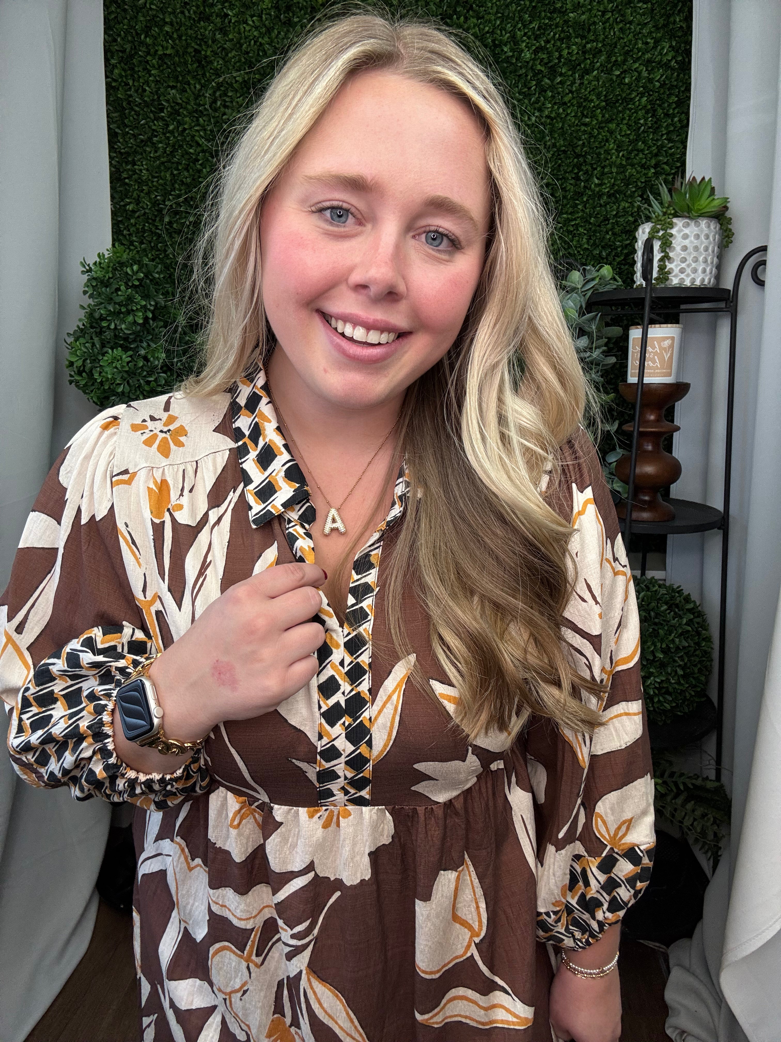 FLOWER BORDER PRINT COLLARED MIDI DRESS - BROWN MIX