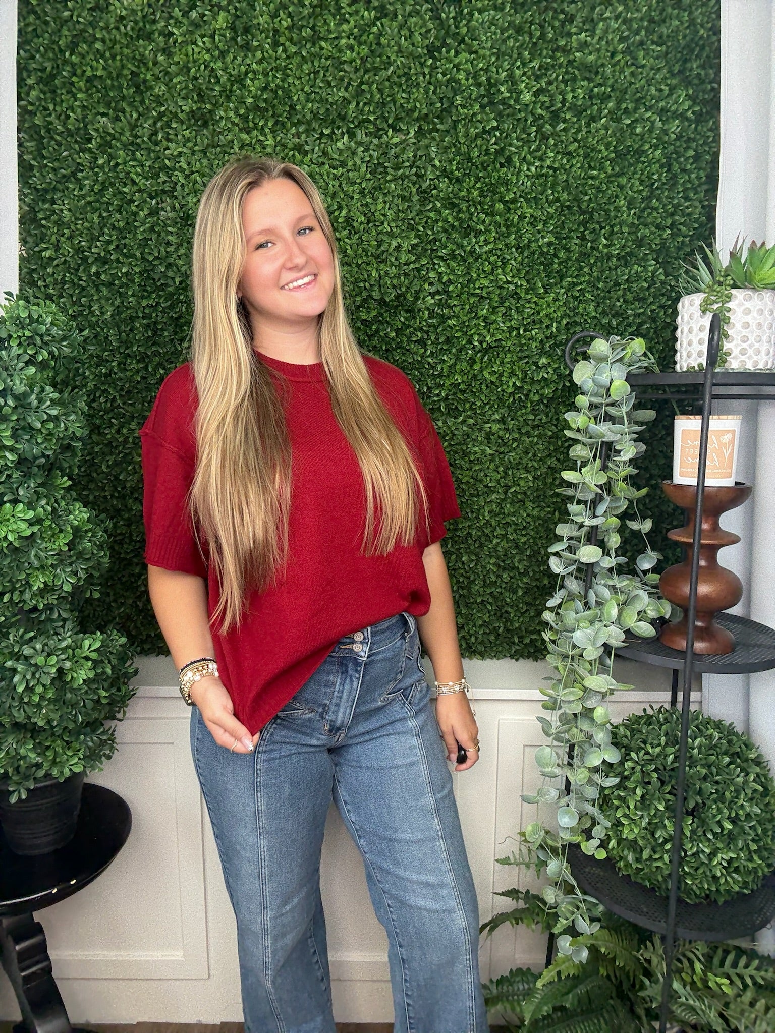 RAW EDGE ACCENT COMFY SWEATER TOP - BURGUNDY