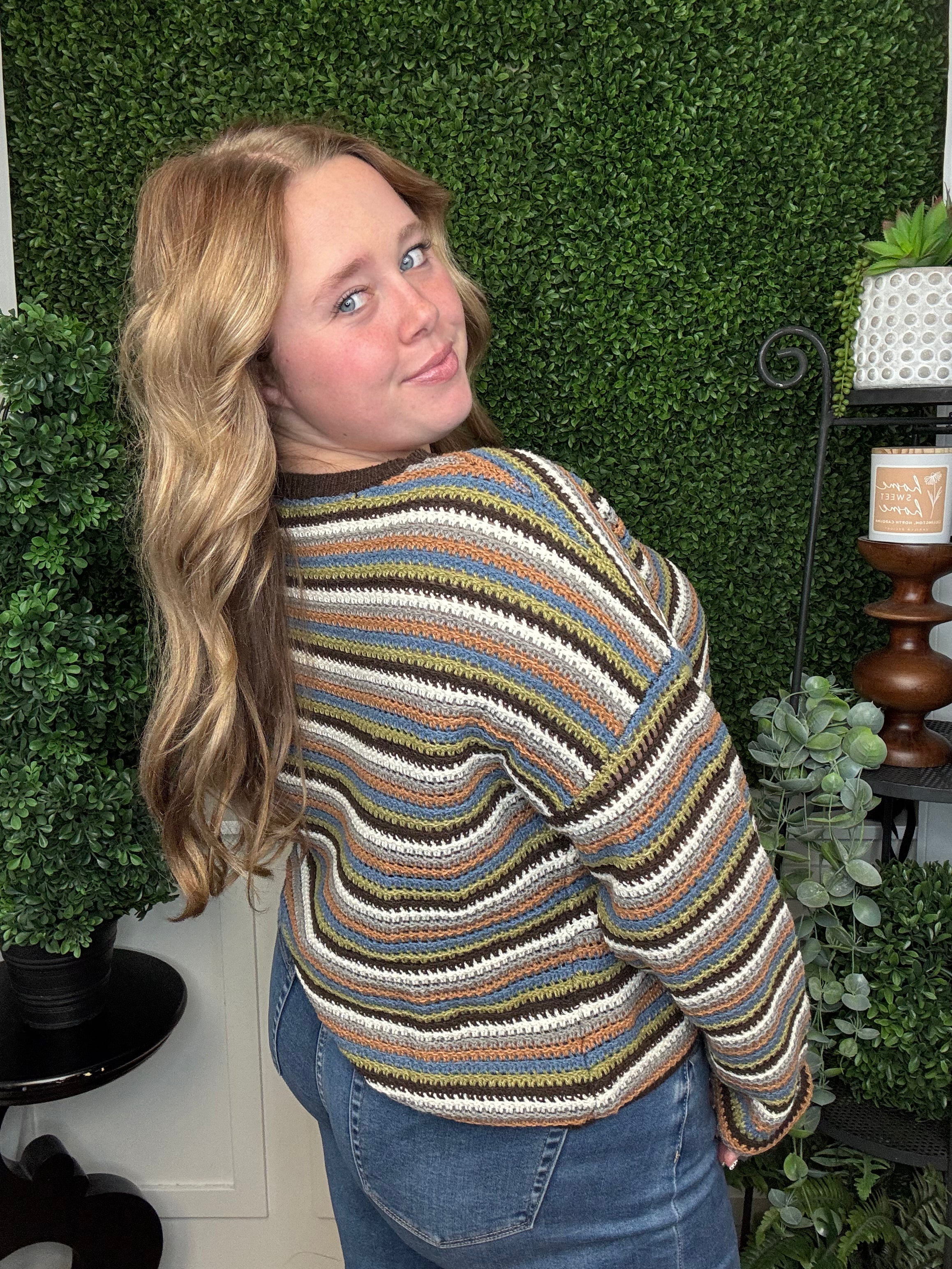 MULTI COLOR STRIPE LONG SLEEVE PULLOVER SWEATER - BROWN MULTI