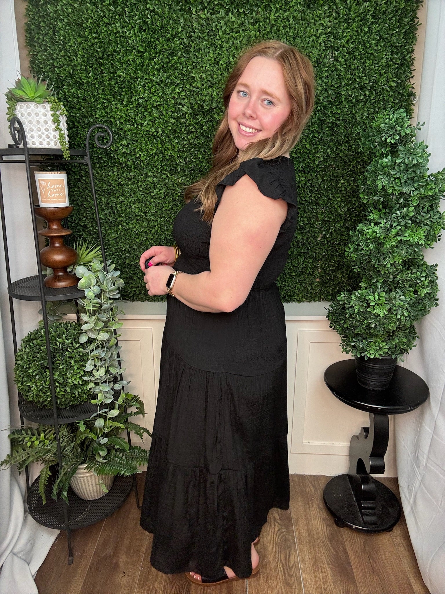 Midnight Smocked Flutter Sleeve Midi Dress