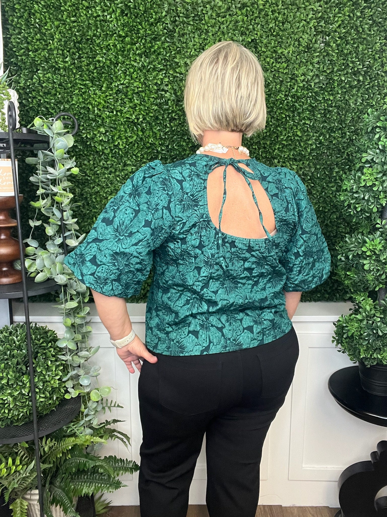 ROUND NECK PUFF SLV BLOUSE - HUNTER GREEN